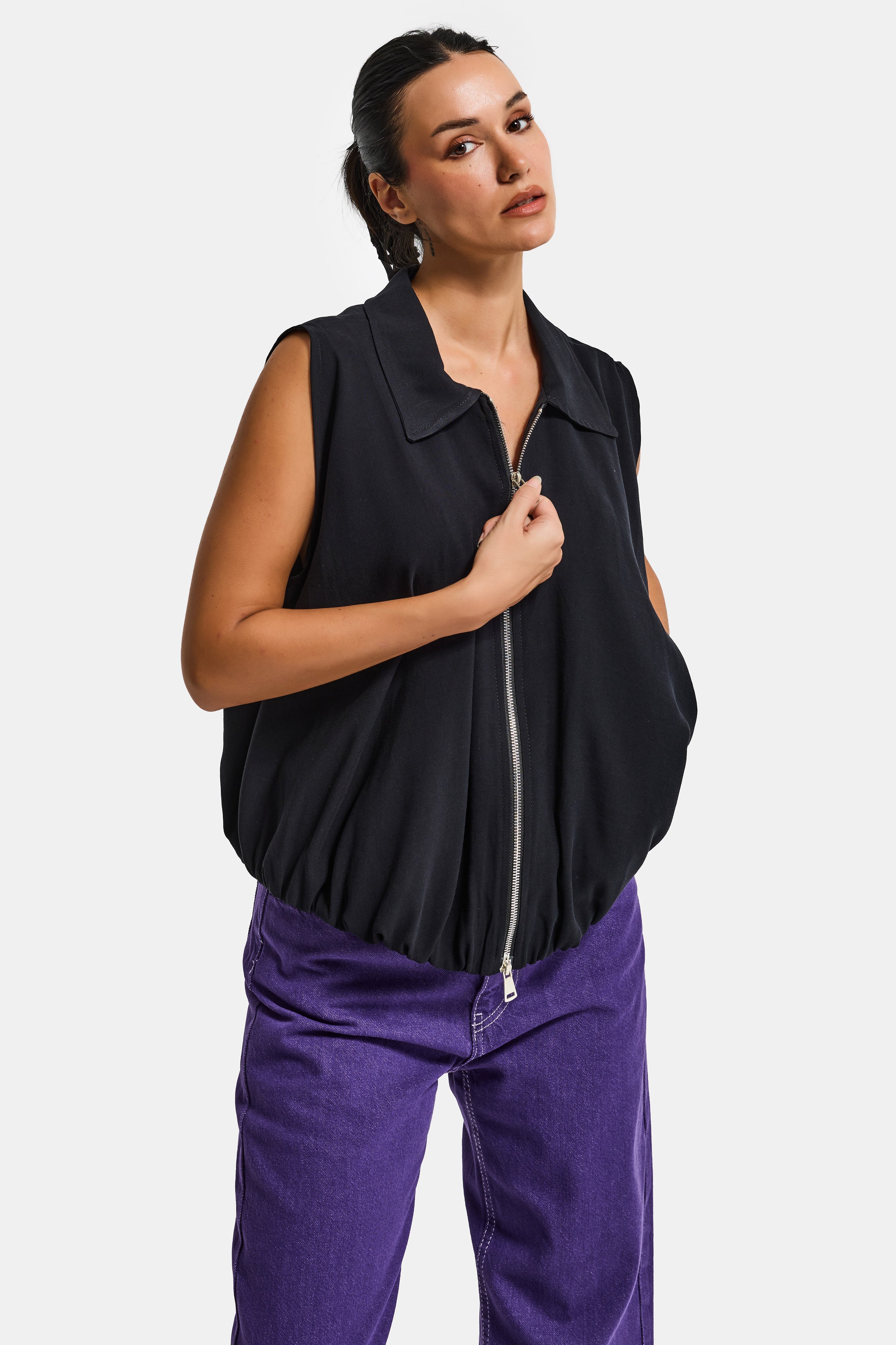 Kadın Siyah Renk s6-1 Balon Kesim Fermuarlı Bol Kesim Kumaş Yelek