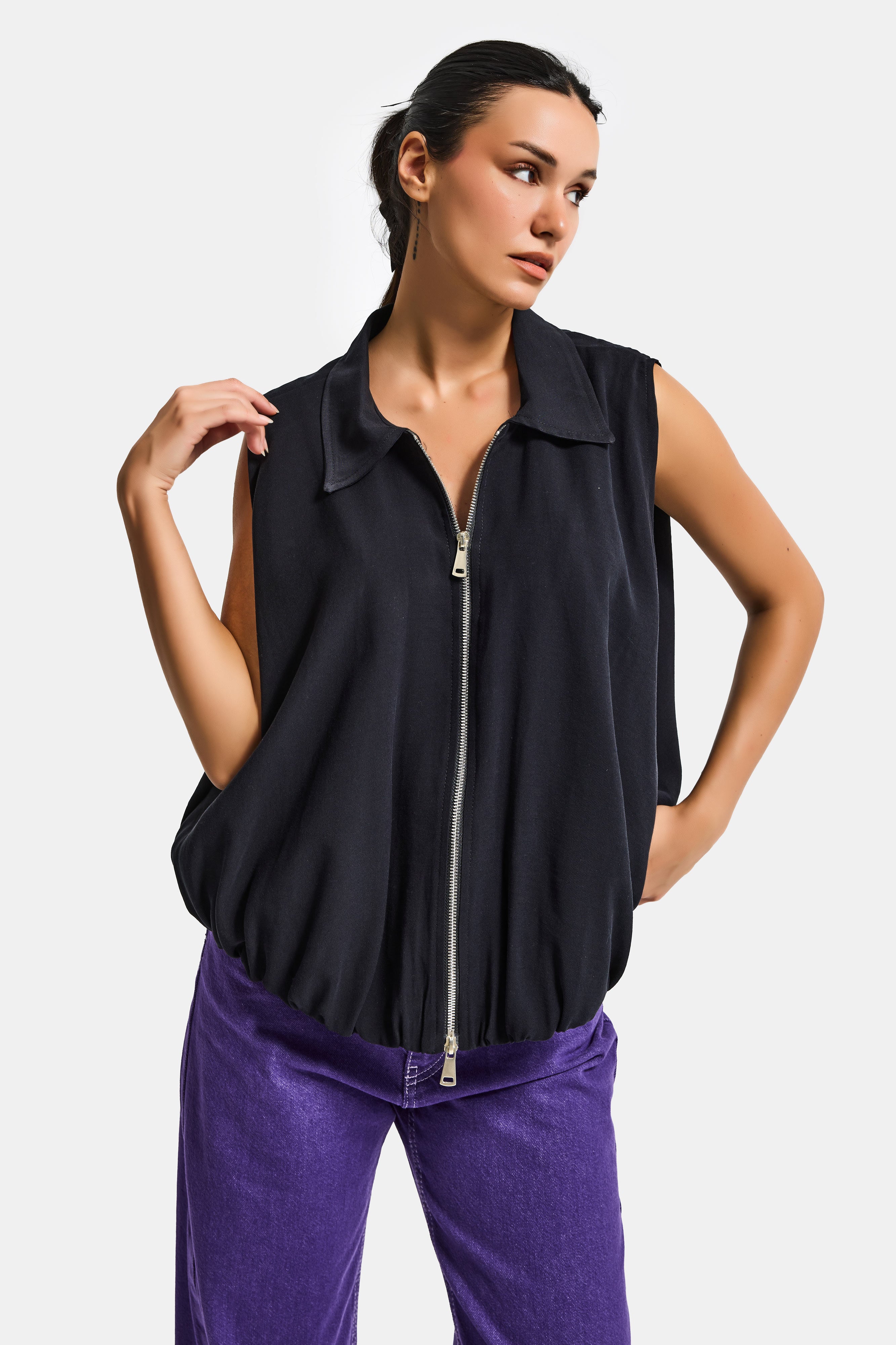 Kadın Siyah Renk s6-1 Balon Kesim Fermuarlı Bol Kesim Kumaş Yelek