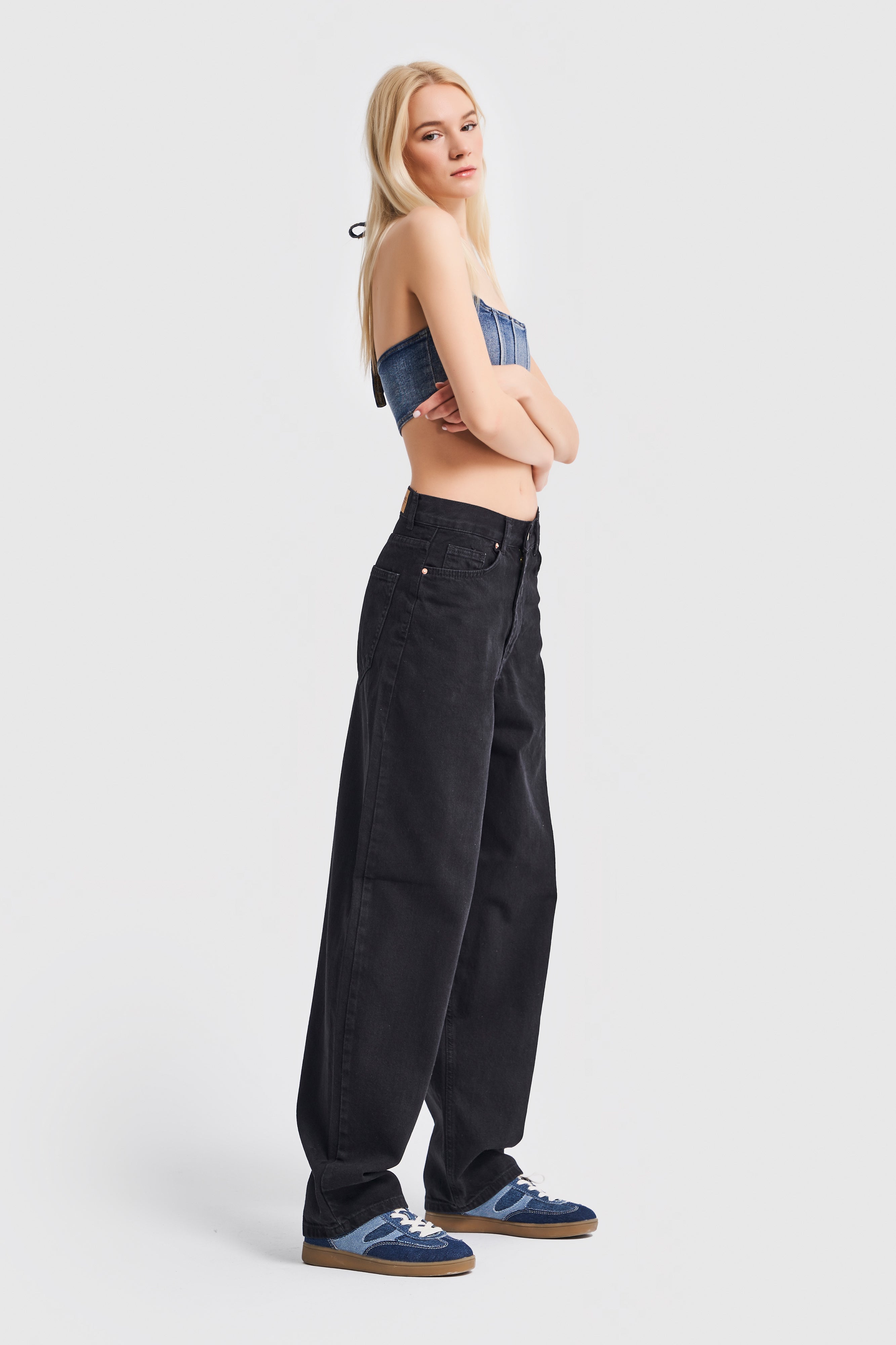 Women's Black Color Skater Fit Loose Denim Trousers