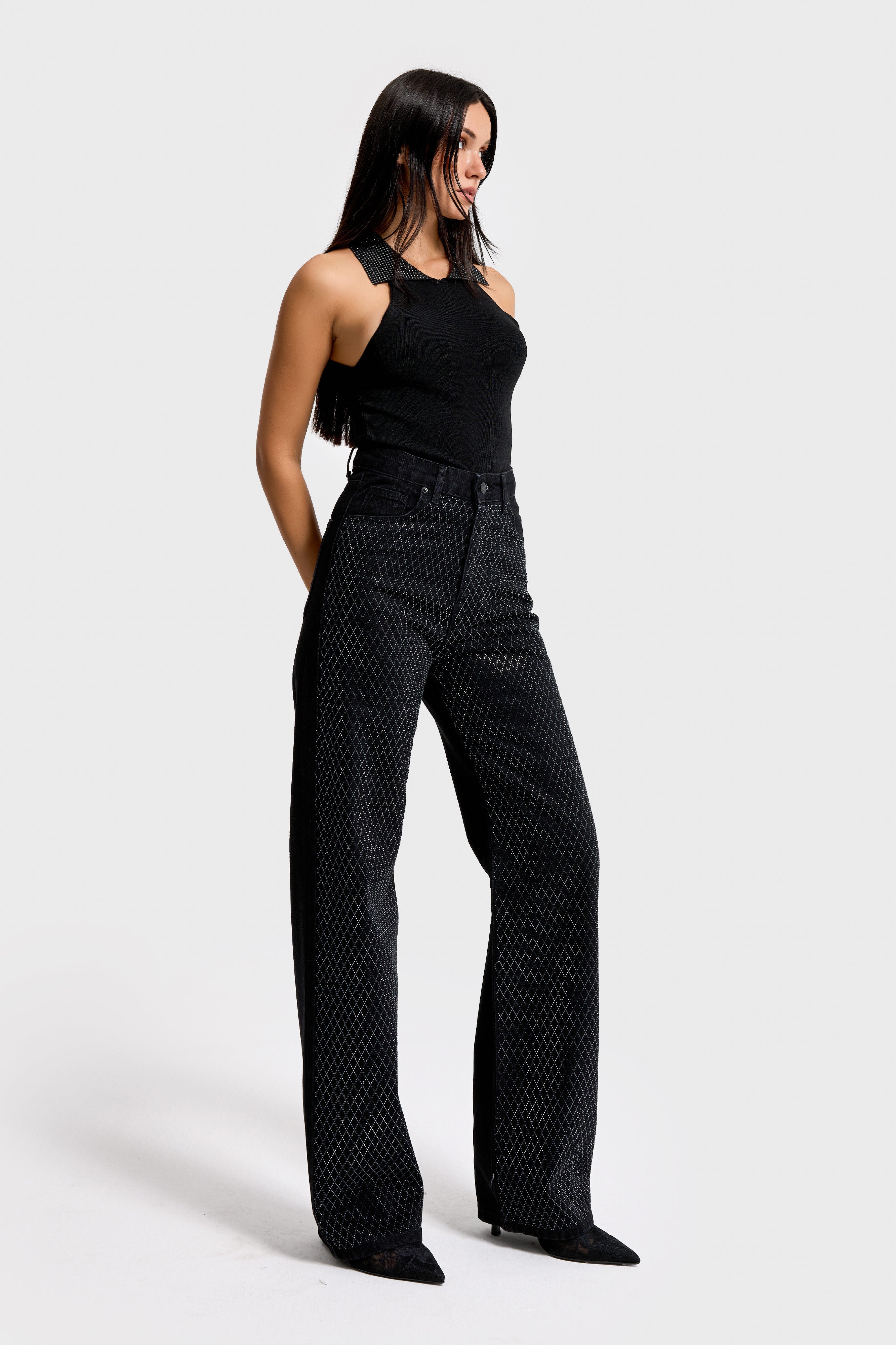 Kadın Siyah Renk T3-1s5-1 Straight Fit Yüksek Bel Işıltılı Parlak Taşlı Tasarım Denim Jean