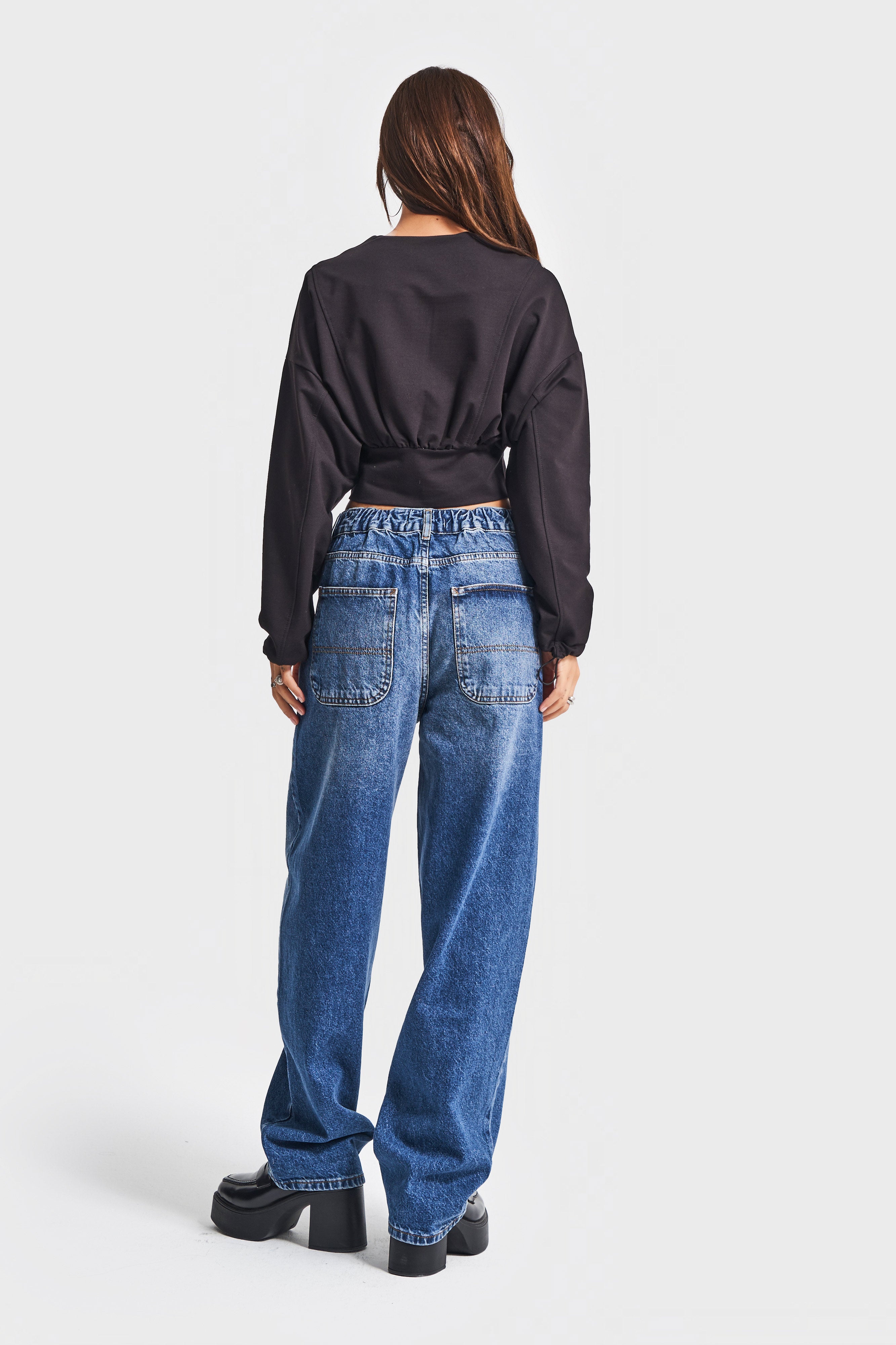 Kadın Siyah Renk w5-1 Bol Kesim Örme Esnek Kumaş Oversize Fermuarlı Sweatshirt