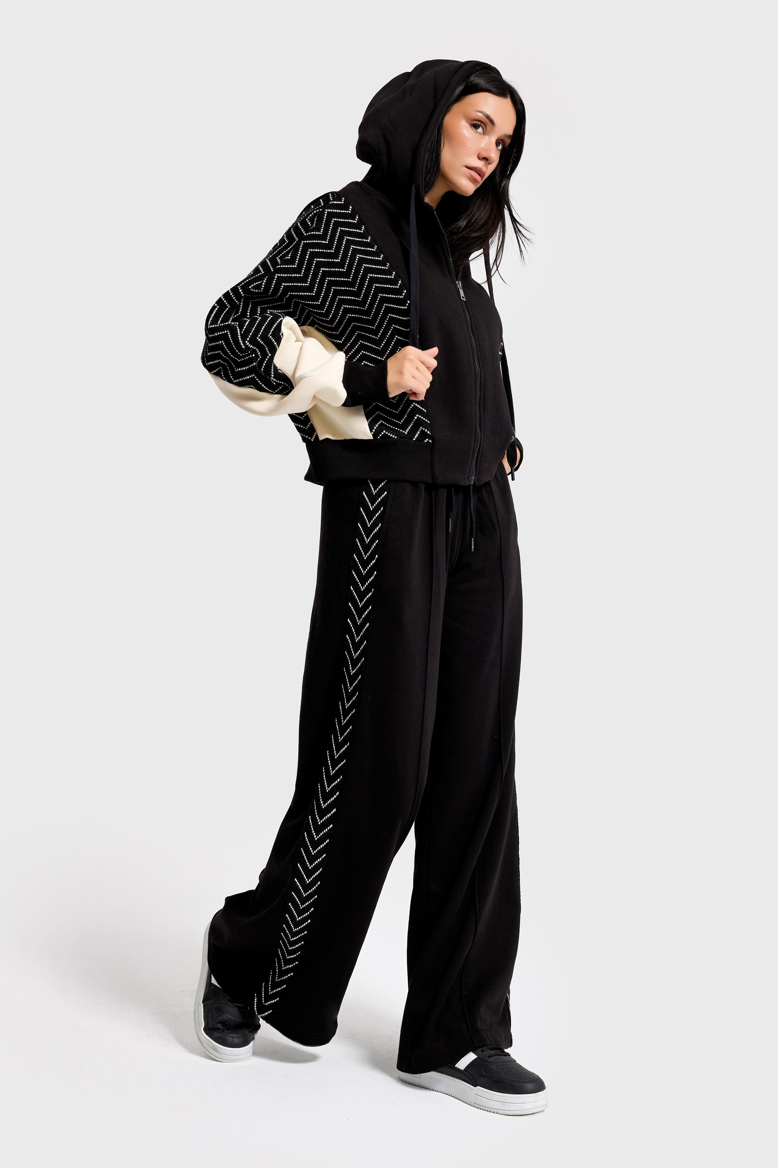 Kadın Siyah Renk w5-1 Kapişonlu Sweatshirt Polar Eşofman Alt 2'li Kombin Kumaş Tasarım Takım