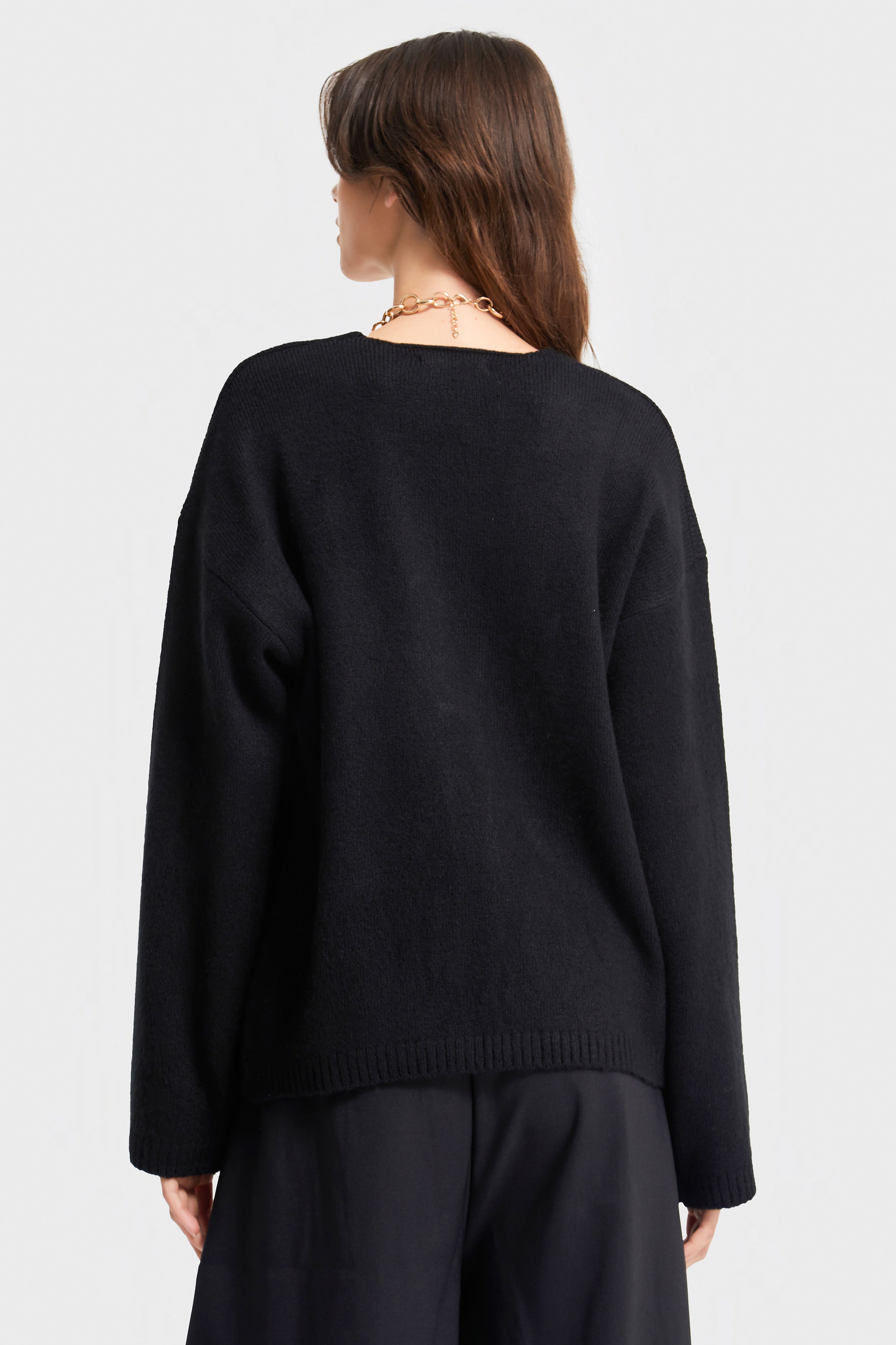 Kadın Siyah Renk w5-1 Önü Bağcıklı Oversize Triko Kazak