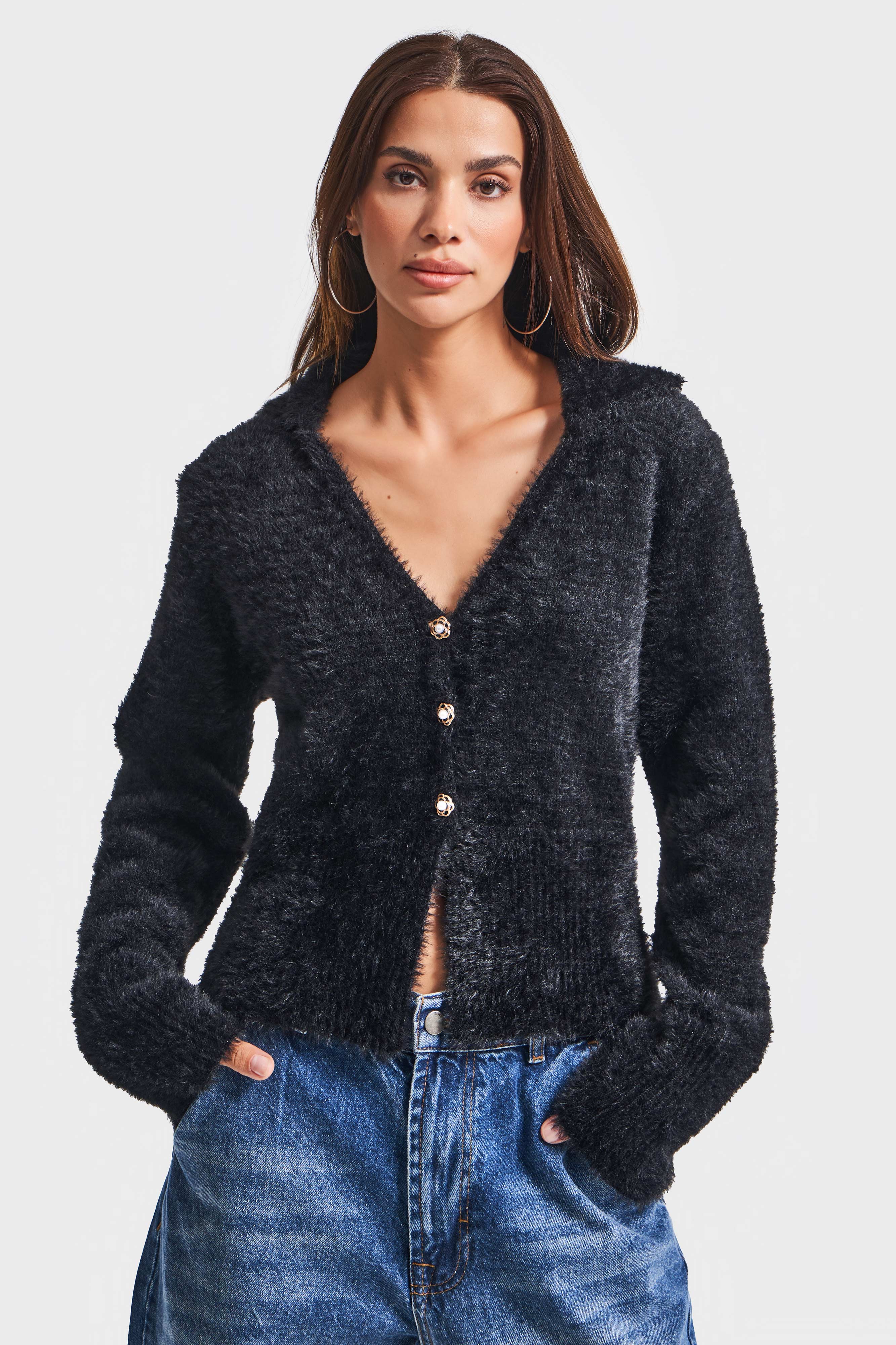 Kadın Siyah Renk w5-1 Önü Düğmeli Özel Dokuma Oversize Hırka