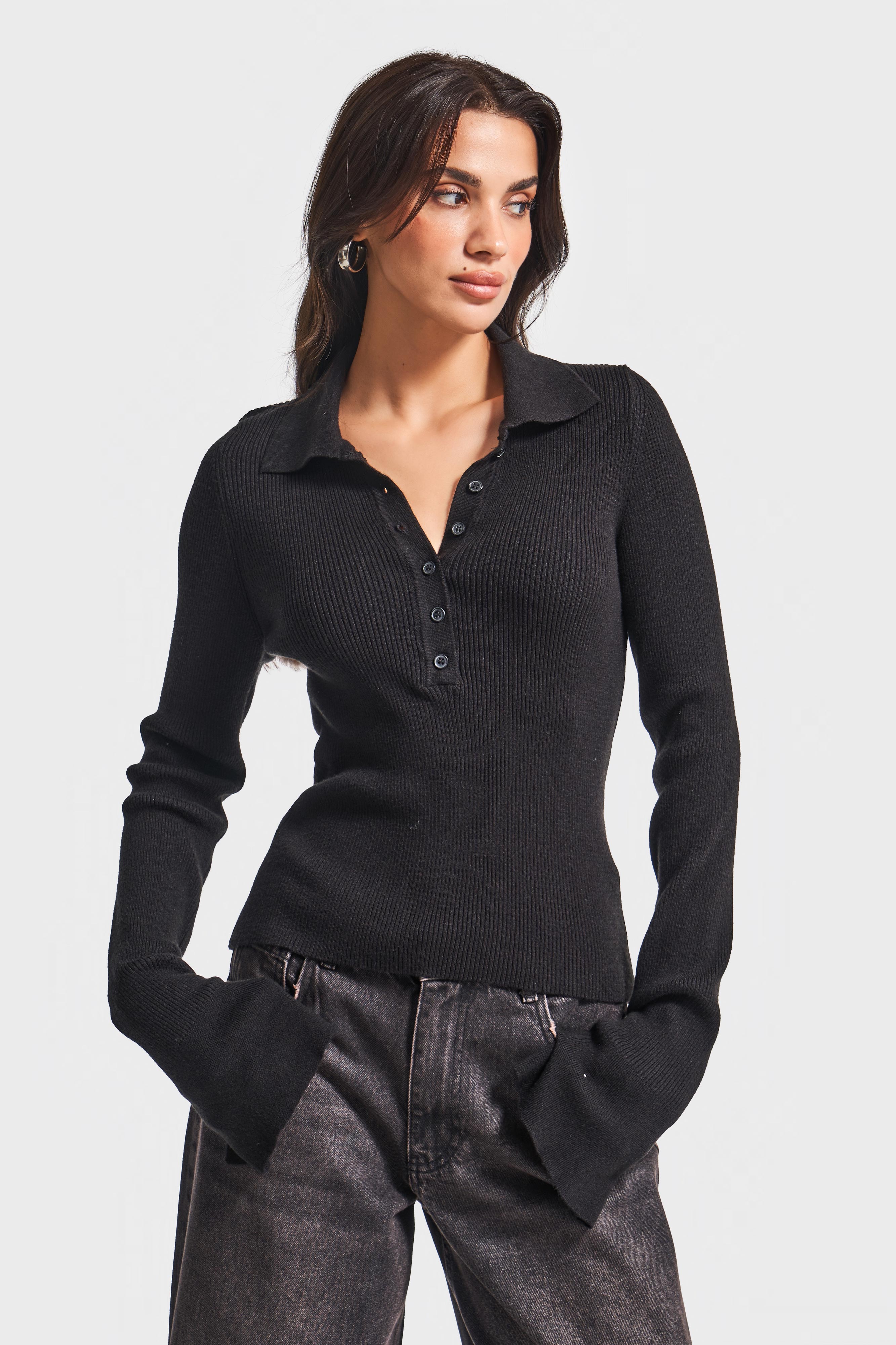 Kadın Siyah Renk w5-1 Polo Yaka Viskon Esnek Kumaş Triko