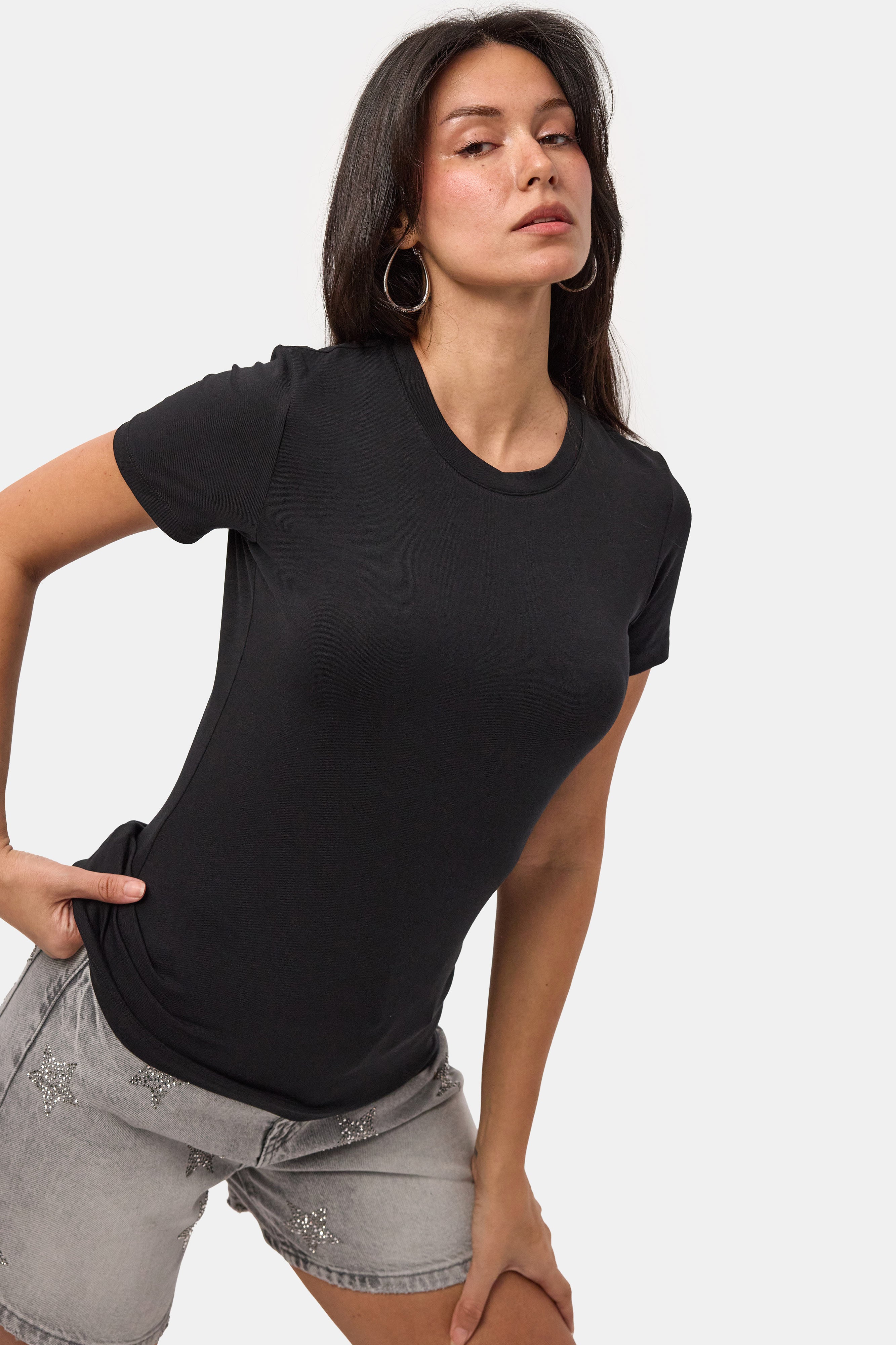 Kadın Siyah s6-1 Bisiklet Yaka %100 Organik Pamuk Esnek Kumaş T-Shirt
