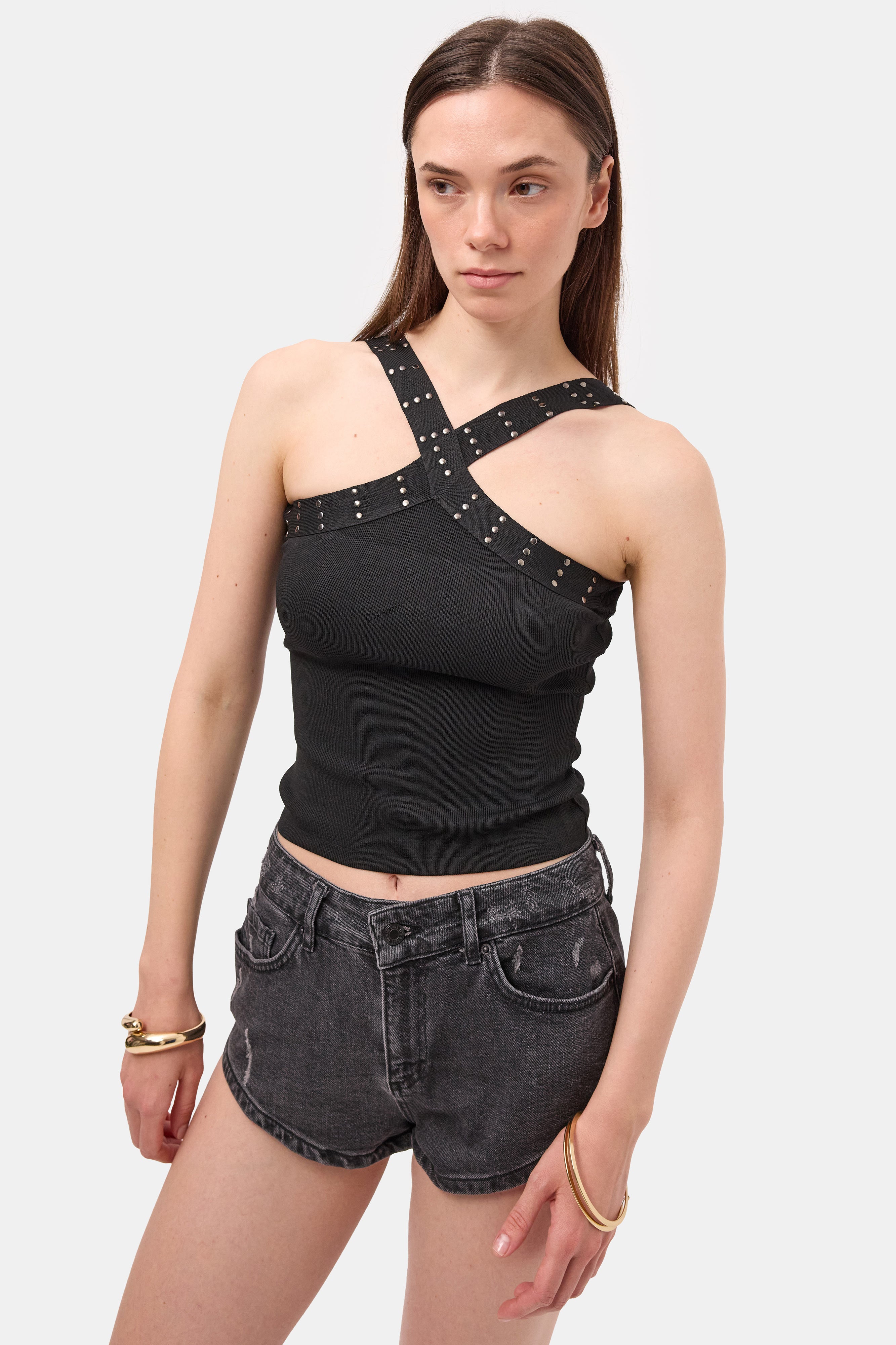 Kadın Siyah s6-1 Crop Parlak Taş Detaylı Boyundan Askılı Tasarım Body