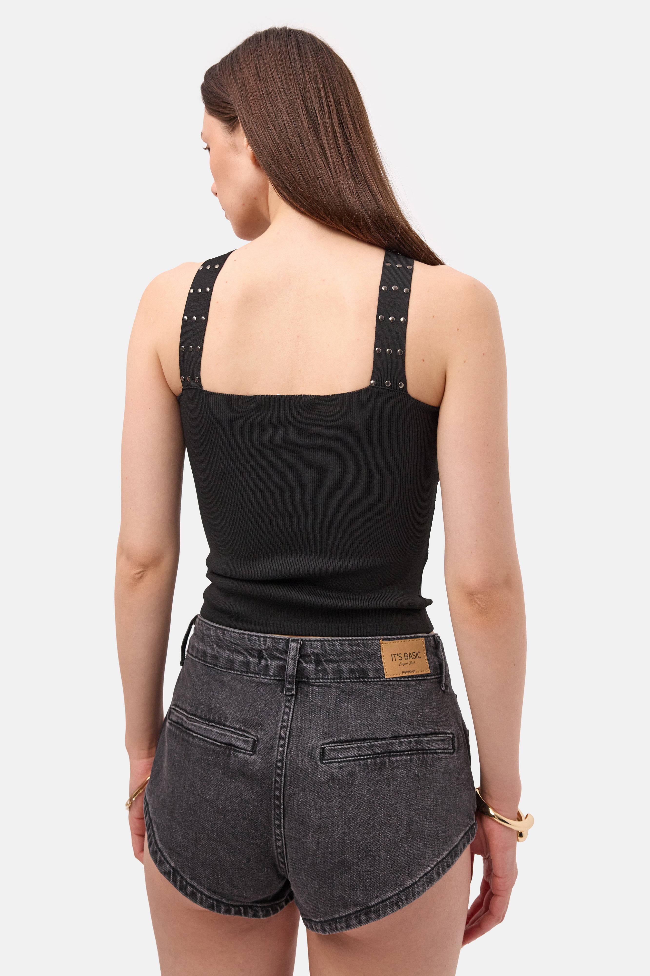 Kadın Siyah s6-1 Crop Parlak Taş Detaylı Boyundan Askılı Tasarım Body