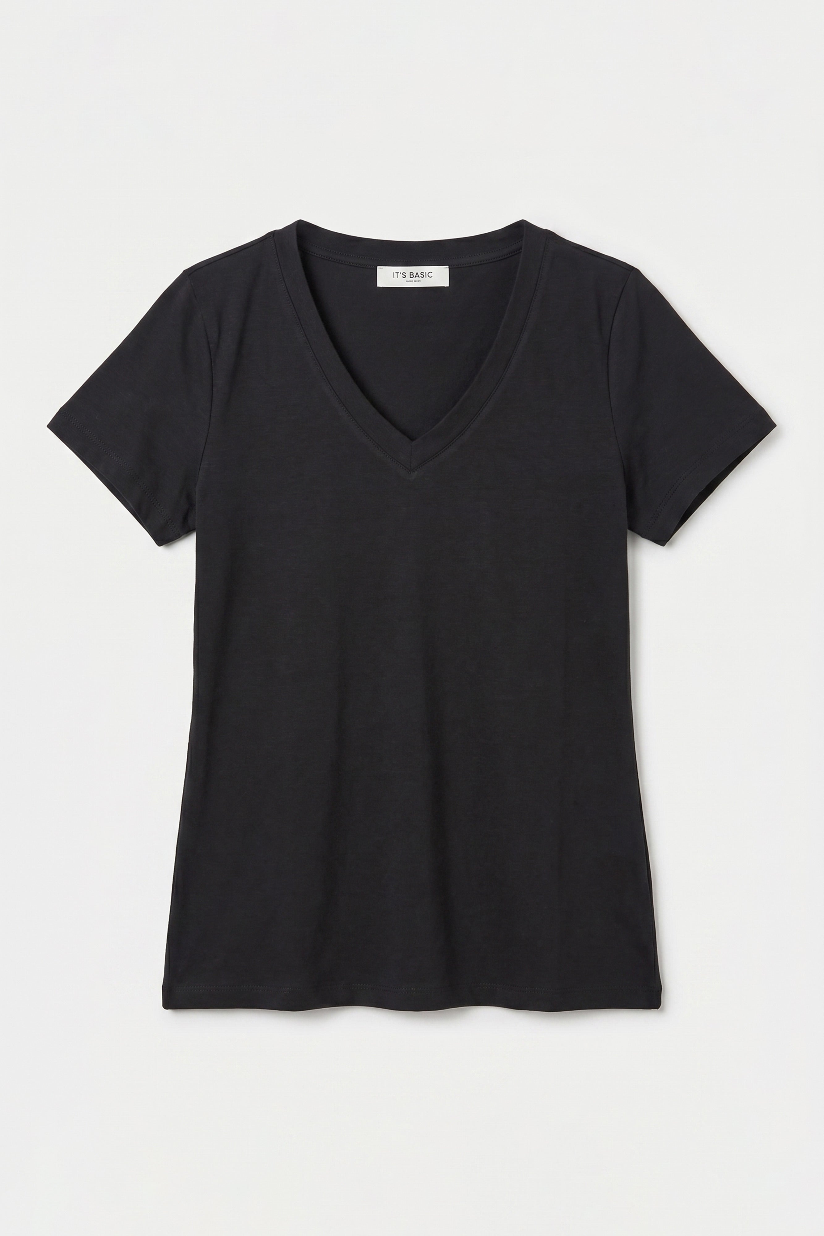 Kadın Siyah s6-1 V Yaka %100 Organik Pamuk Esnek Kumaş T-Shirt