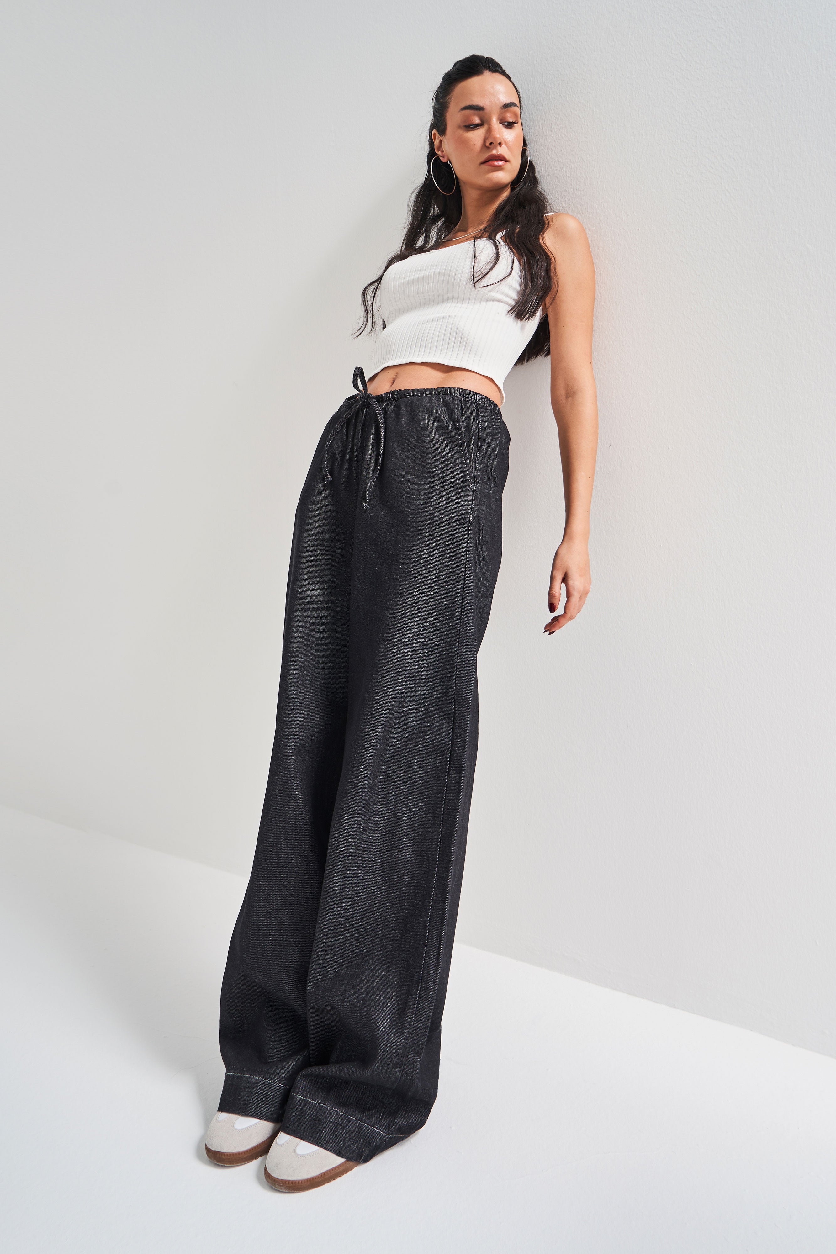 Kadın Siyah Su Yıkama Renk 7w4-51 Rahat Kumaş %100 Koton Bol Kesim Denim