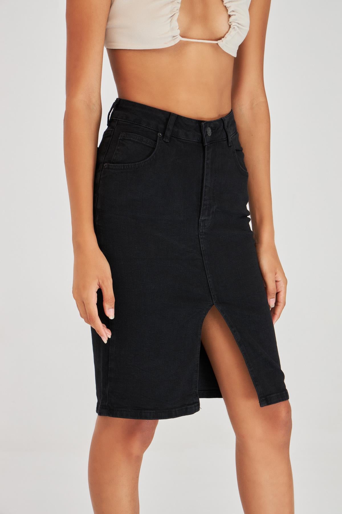 Women's Black Stonewashed Color Black Od Slit Detailed Midi Length Lycra High Waist Jean Skirt