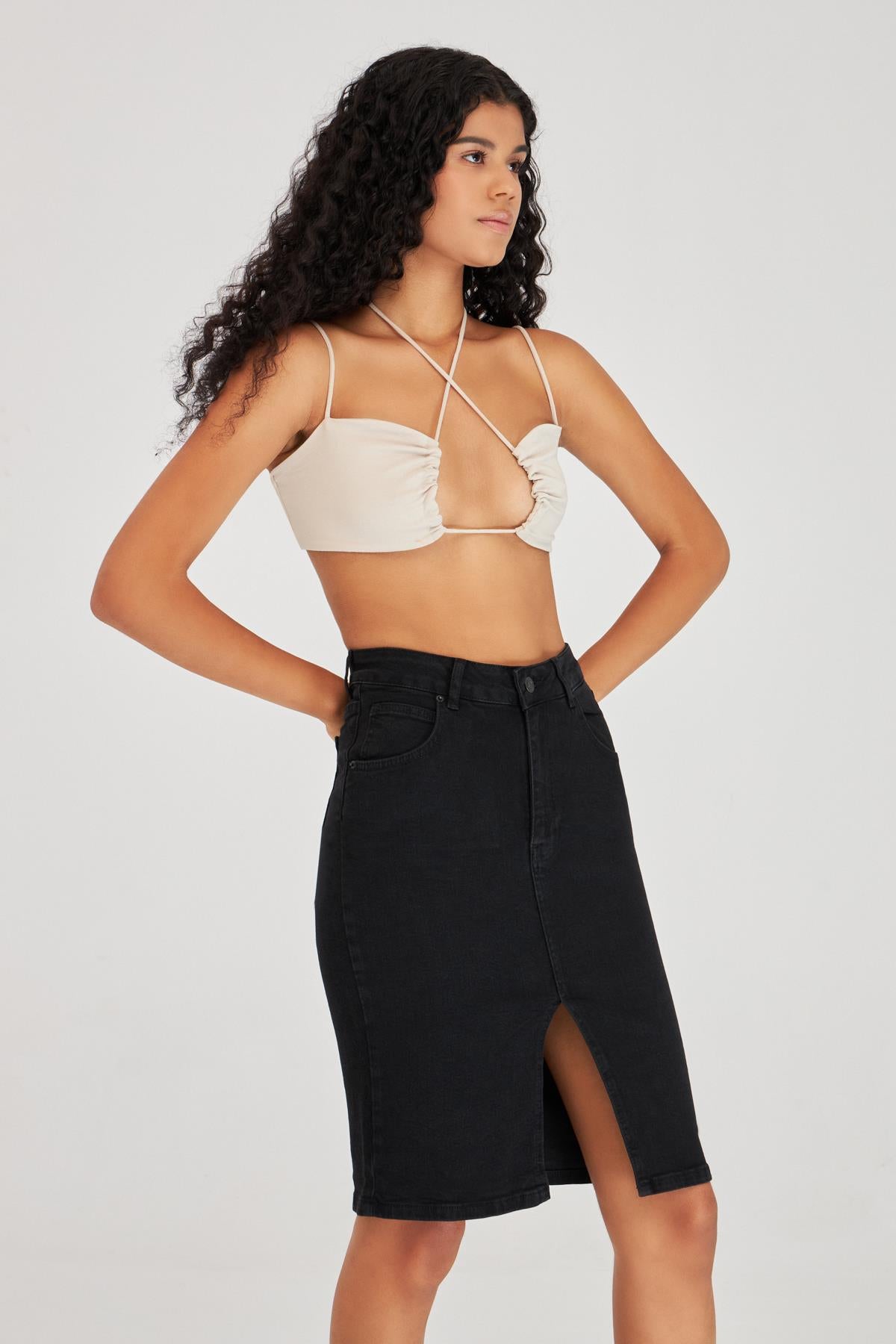 Women's Black Stonewashed Color Black Od Slit Detailed Midi Length Lycra High Waist Jean Skirt