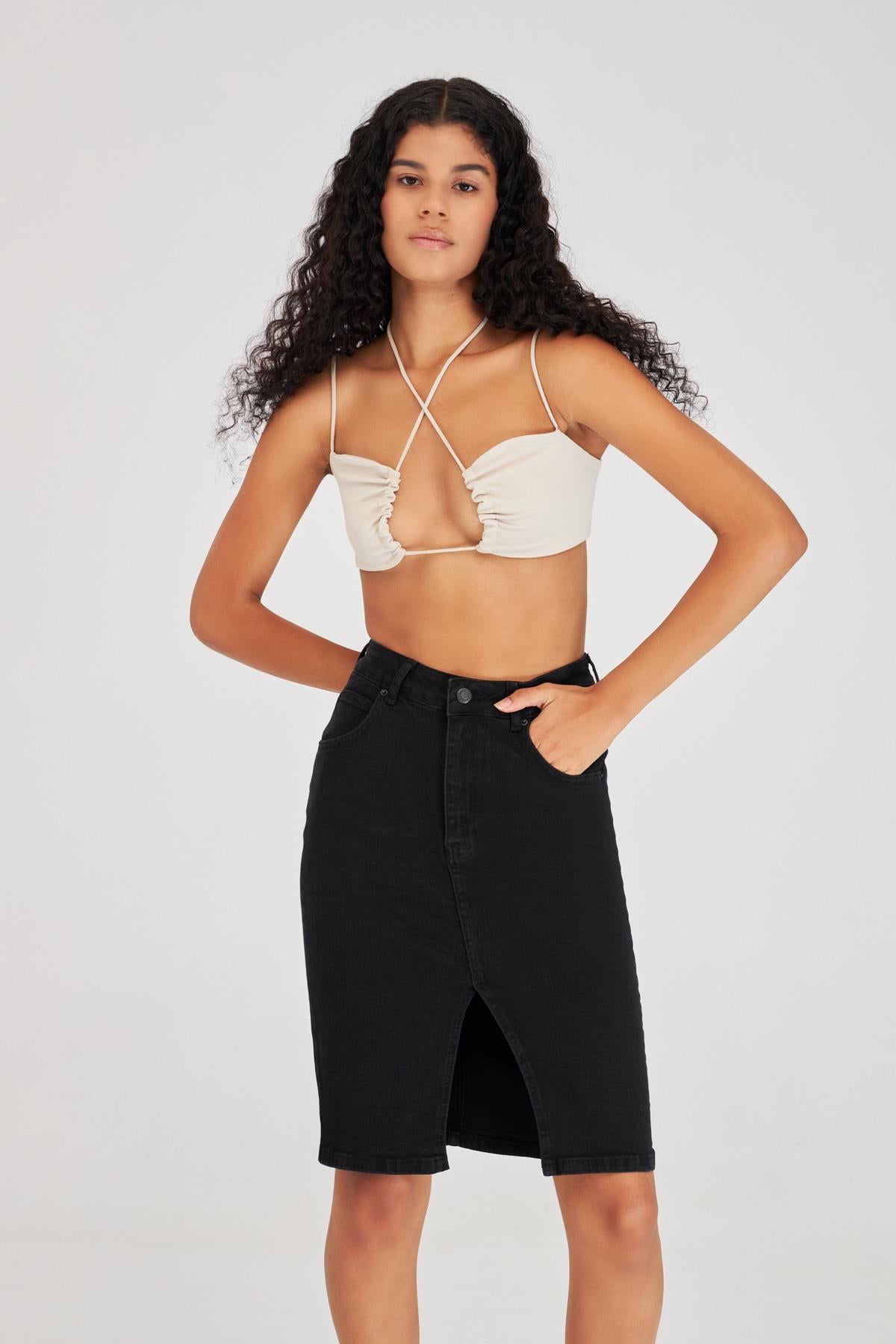 Women's Black Stonewashed Color Black Od Slit Detailed Midi Length Lycra High Waist Jean Skirt