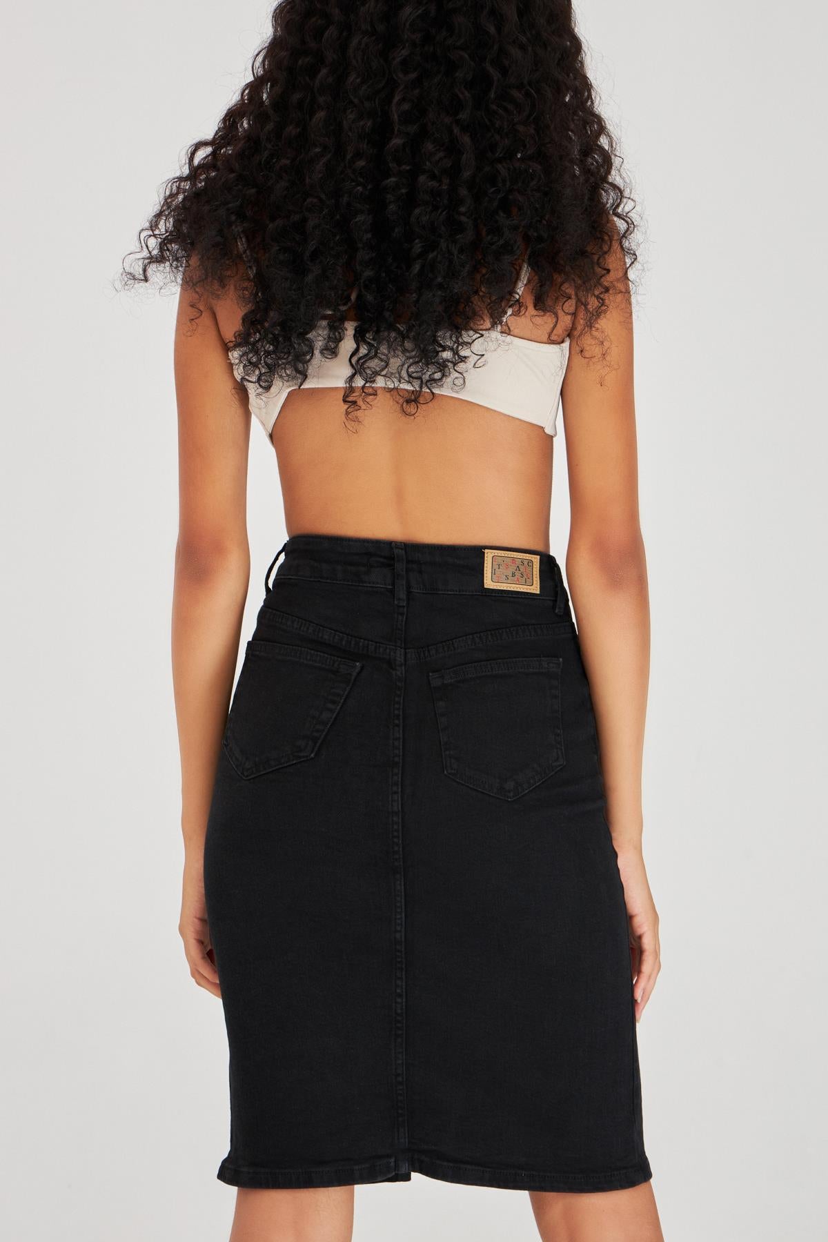 Women's Black Stonewashed Color Black Od Slit Detailed Midi Length Lycra High Waist Jean Skirt