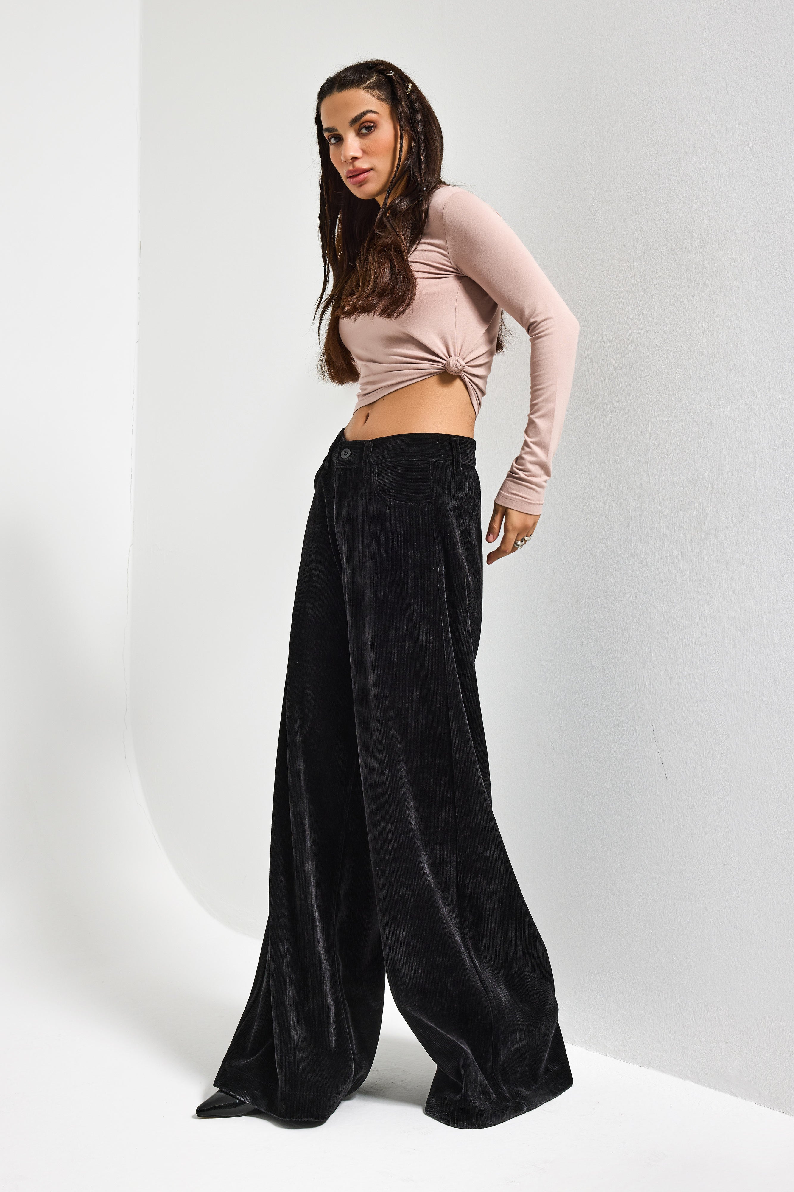 Kadın Siyah w5-1 Palazzo Fit Kadife Velvet Kumaş Pantolon