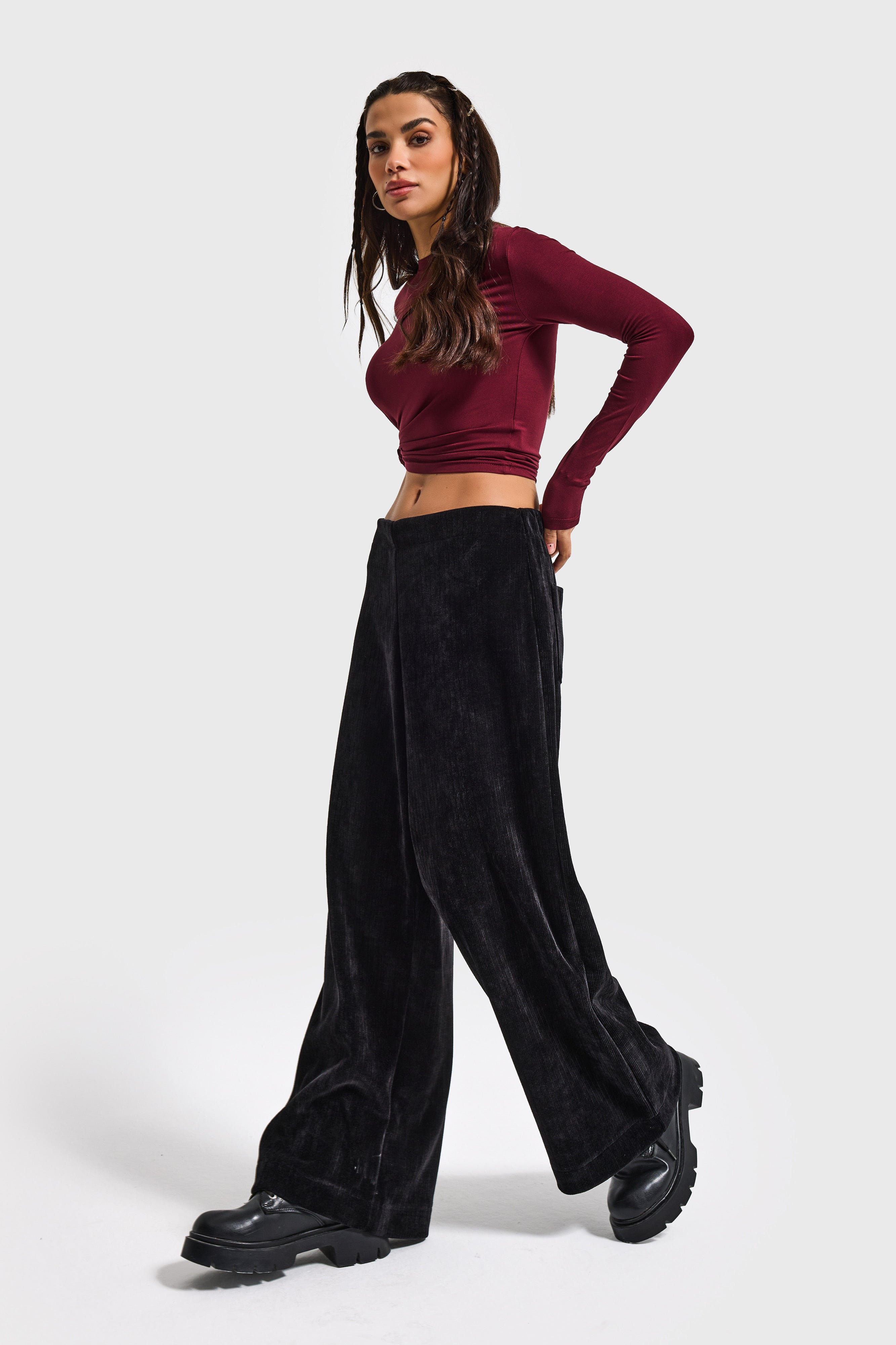 Kadın Siyah w5-1 Palazzo Fit Velvet Kadife Kumaş Pantolon