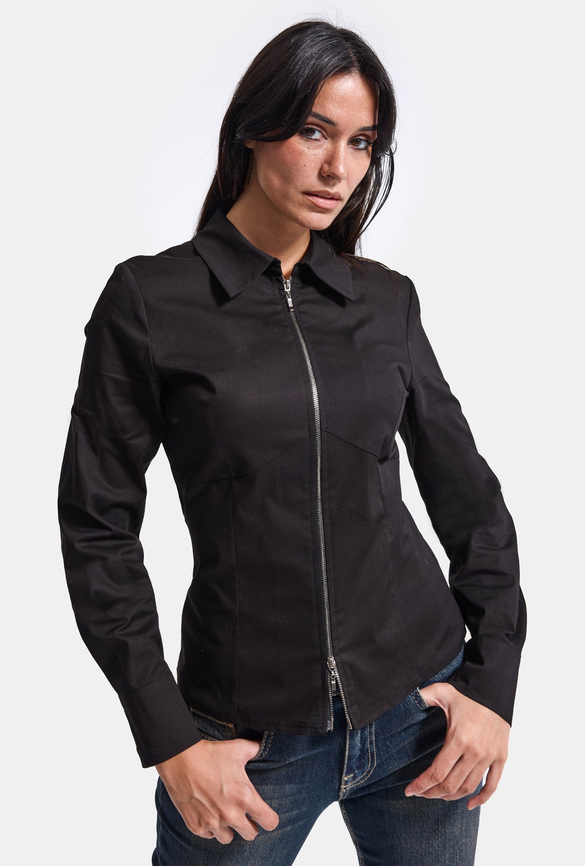 Kadın Siyah w6-1 Slim Fit Fermuar Detaylı Gömlek
