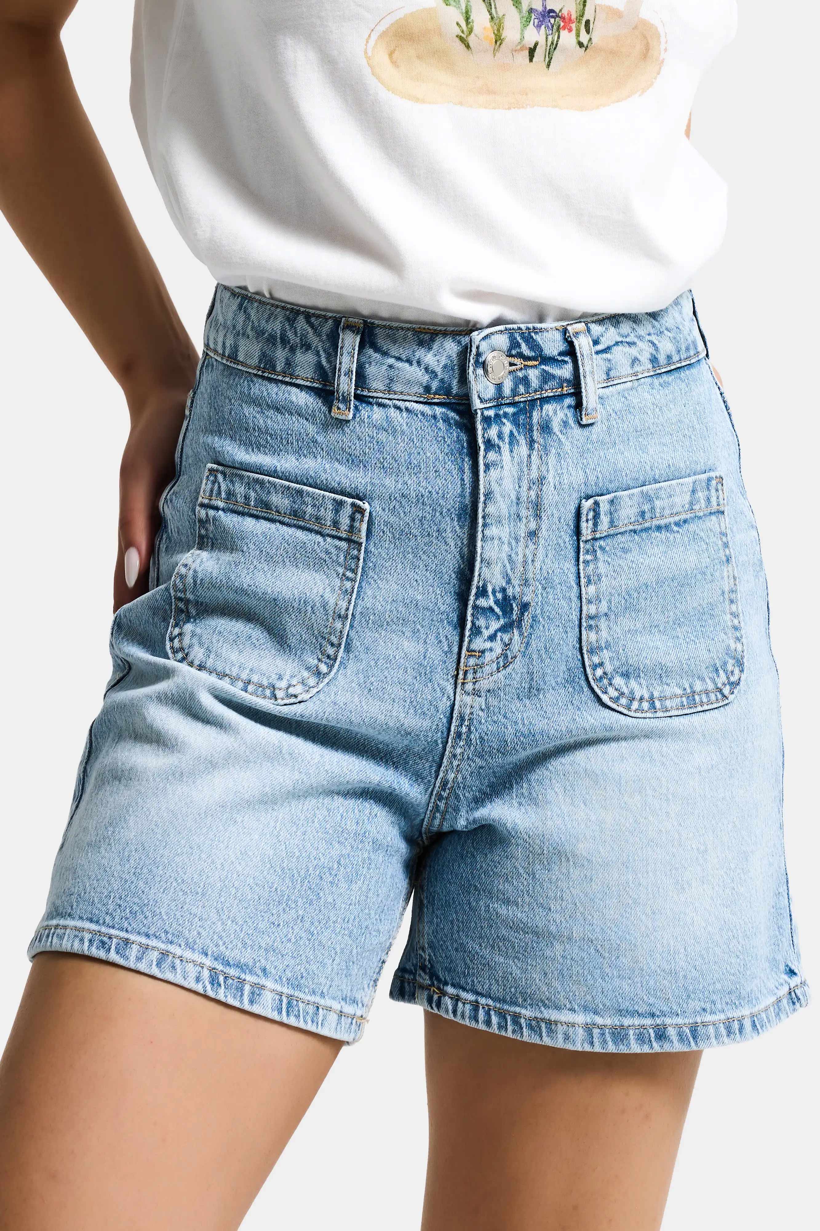 Kadın Snow Kot 4s6-32 Mom Fit Önden Cepli Denim Şort