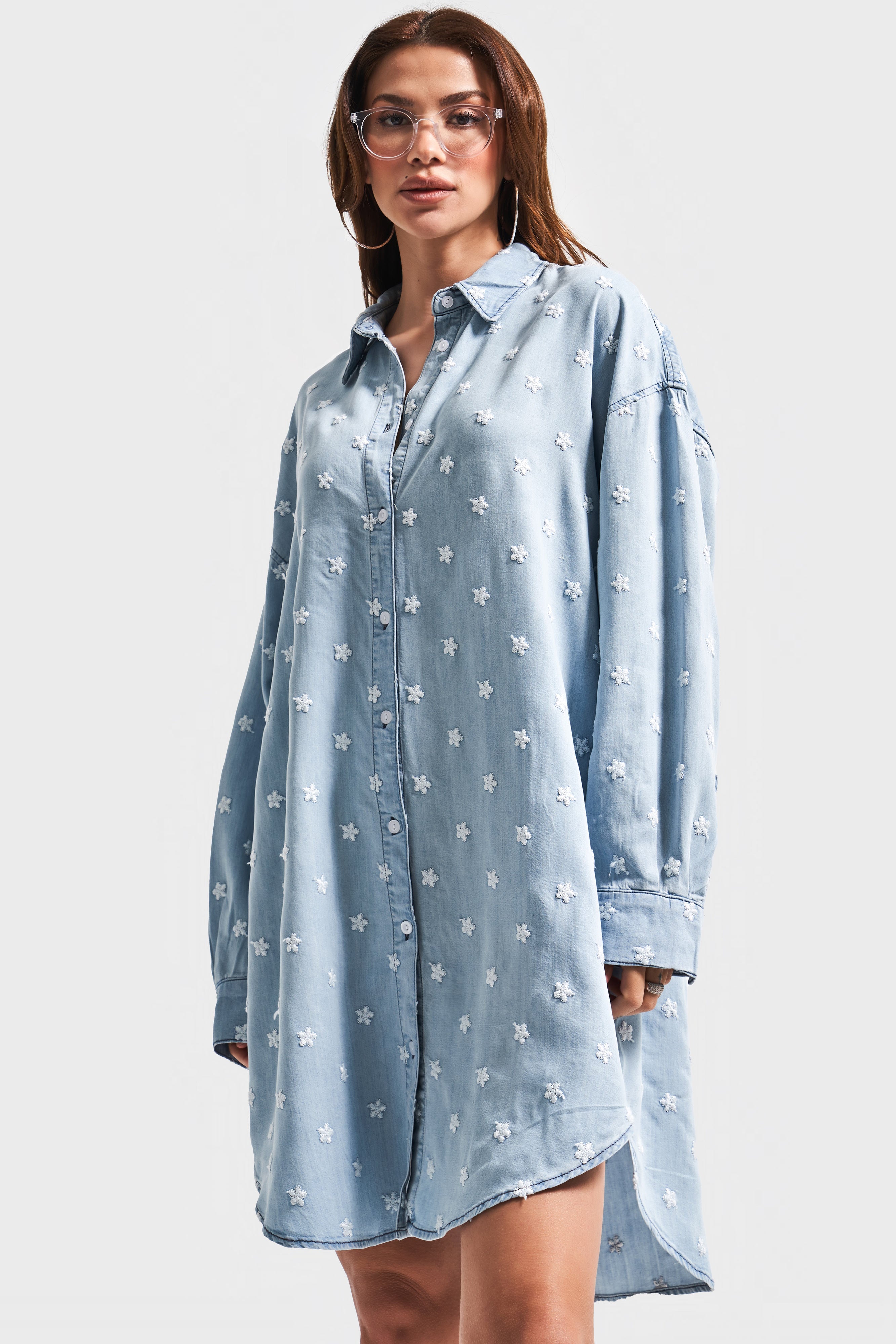 Kadın Snow Kot Rengi 1S5-3 Çiçek Nakışlı Oversize Tasarım Denim Gömlek