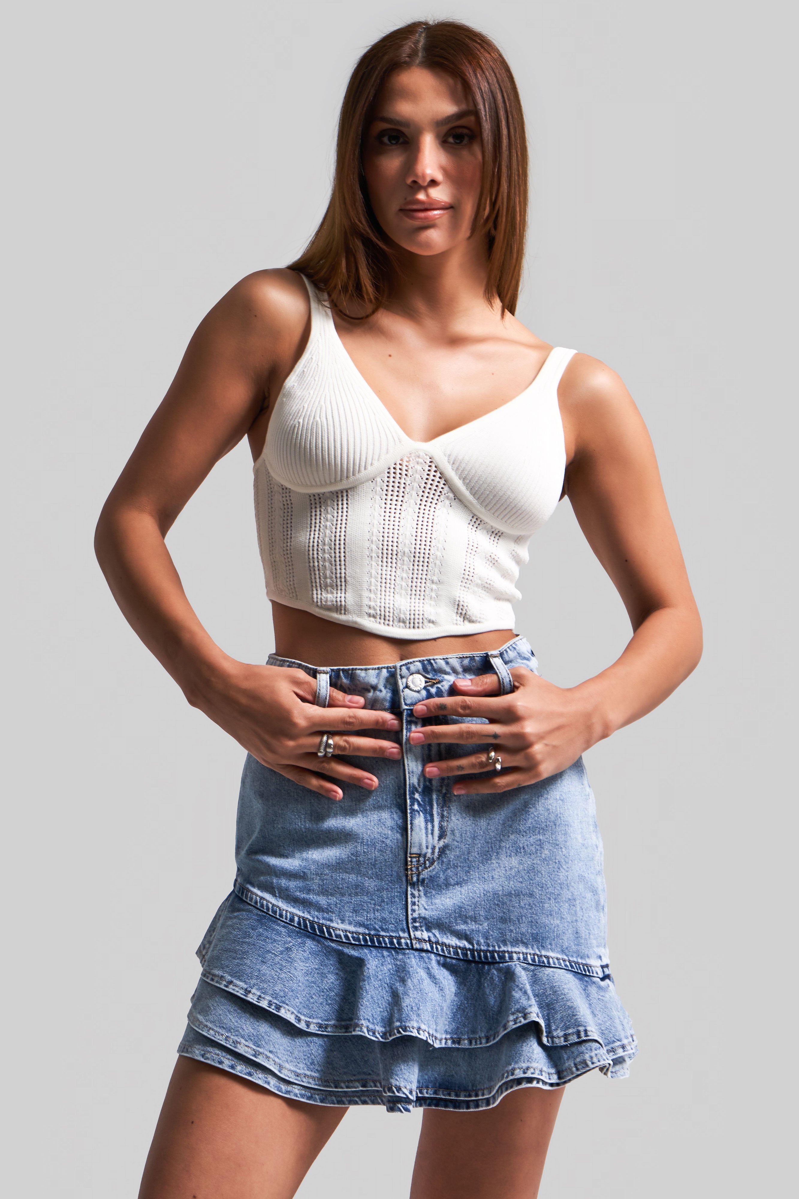 Kadın Snow Kot Rengi 3S5-27 Volanlı %100 Koton Tasarım Denim Mini Etek