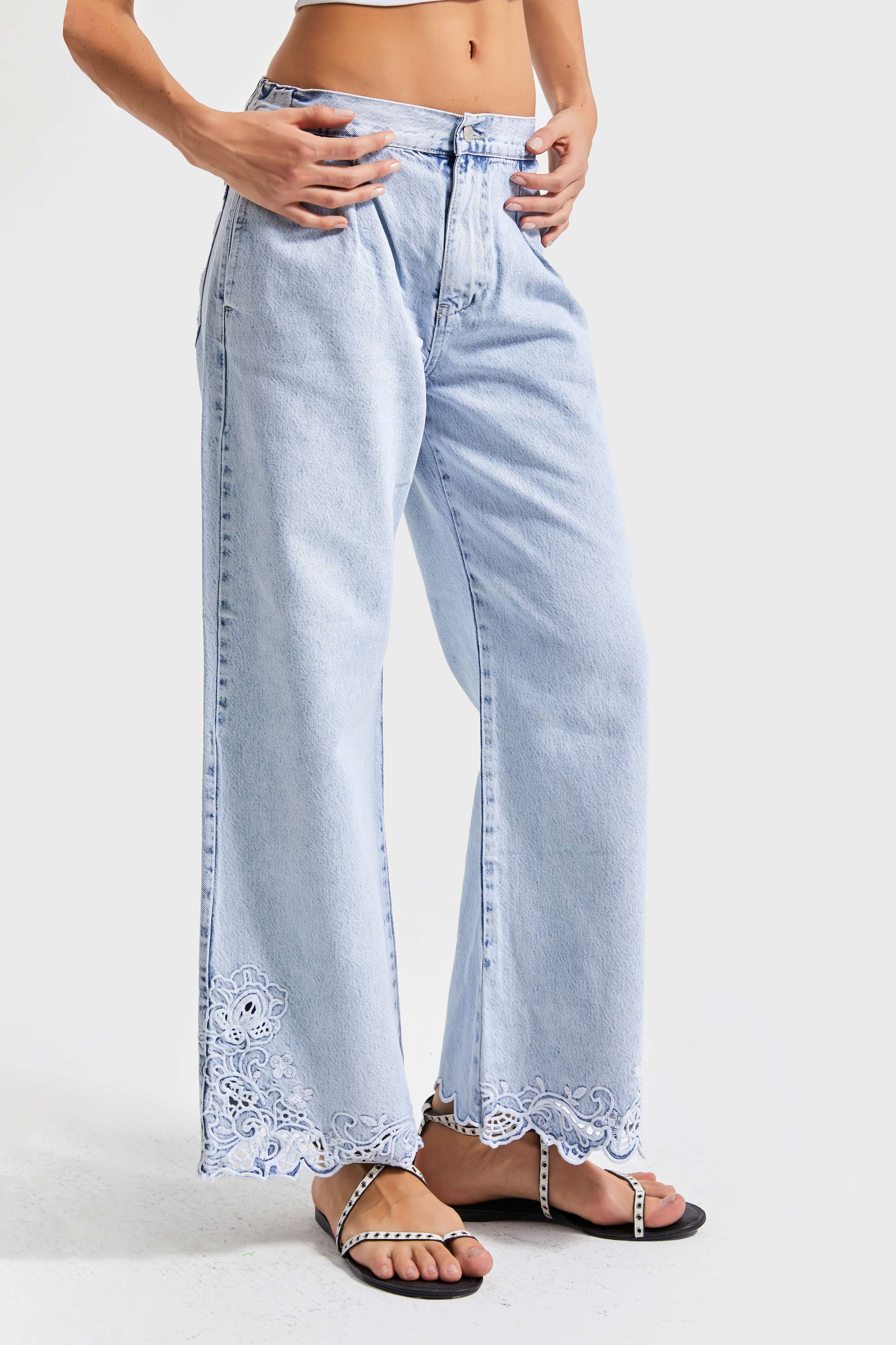 Kadın Snow Kot Rengi 3s5-3 Crop Flare Fit Paça Dantelli %100 Koton Tsarım Denim Jean