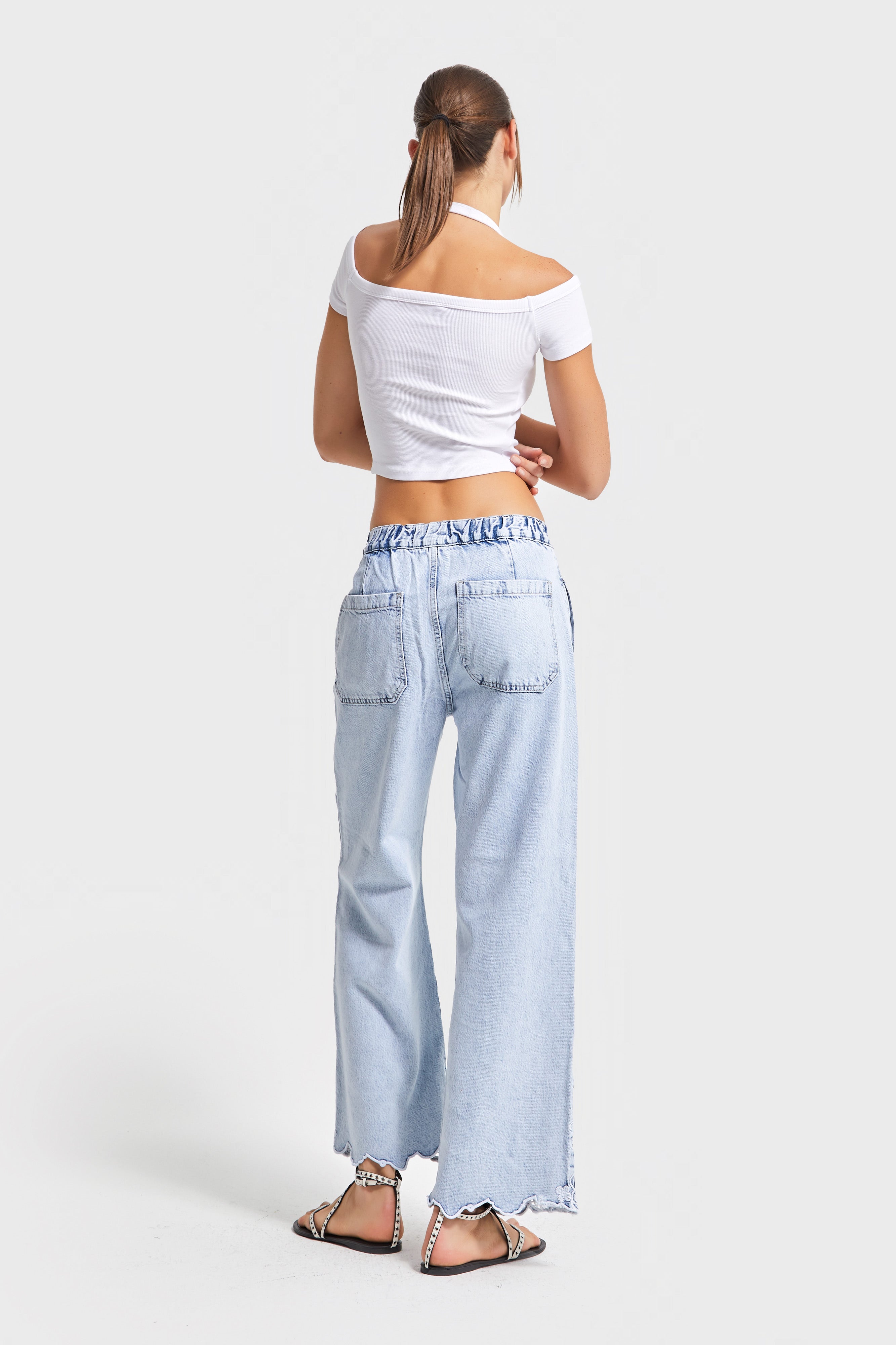 Kadın Snow Kot Rengi 3s5-3 Crop Flare Fit Paça Dantelli %100 Koton Tsarım Denim Jean