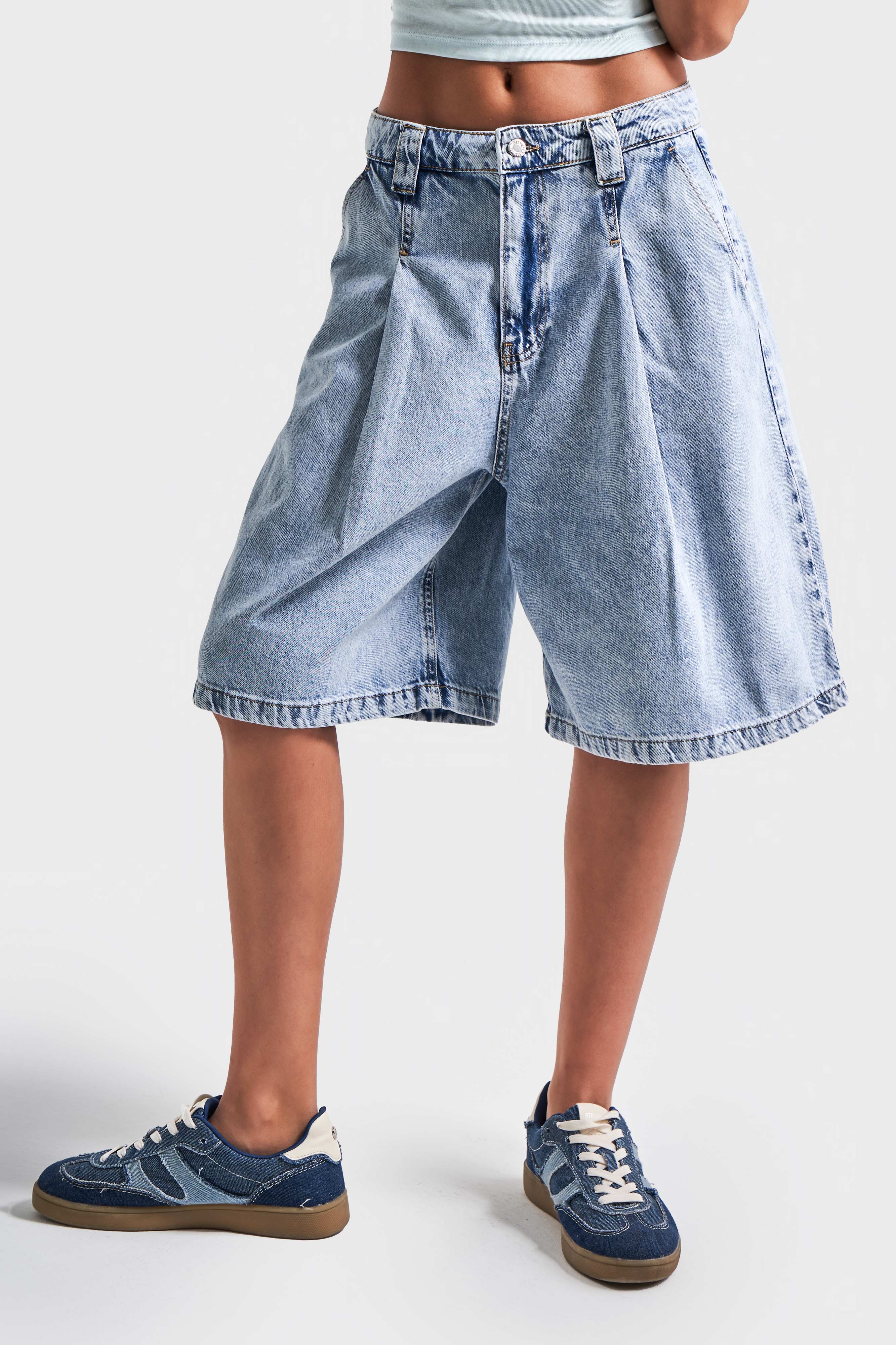 Kadın Snow Kot Rengi 3s5-3 Maxi Boy Baggy Fit %100 Koton Pileli Denim Bermuda Şort