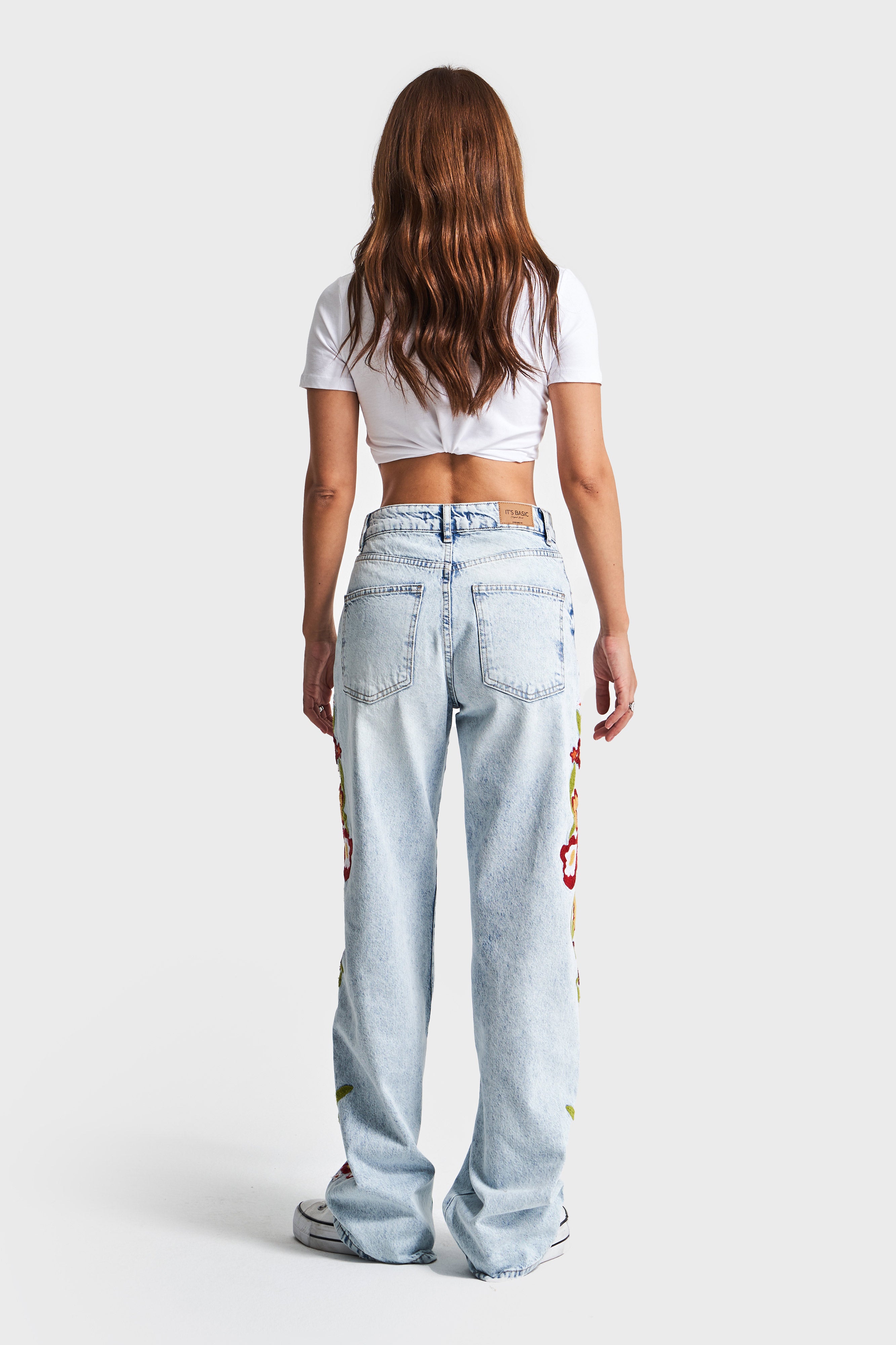 Kadın Snow Kot Rengi 4S5-27 Çiçek Nakışlı Loose Fit Orta Bel %100 Koton Denim Jean