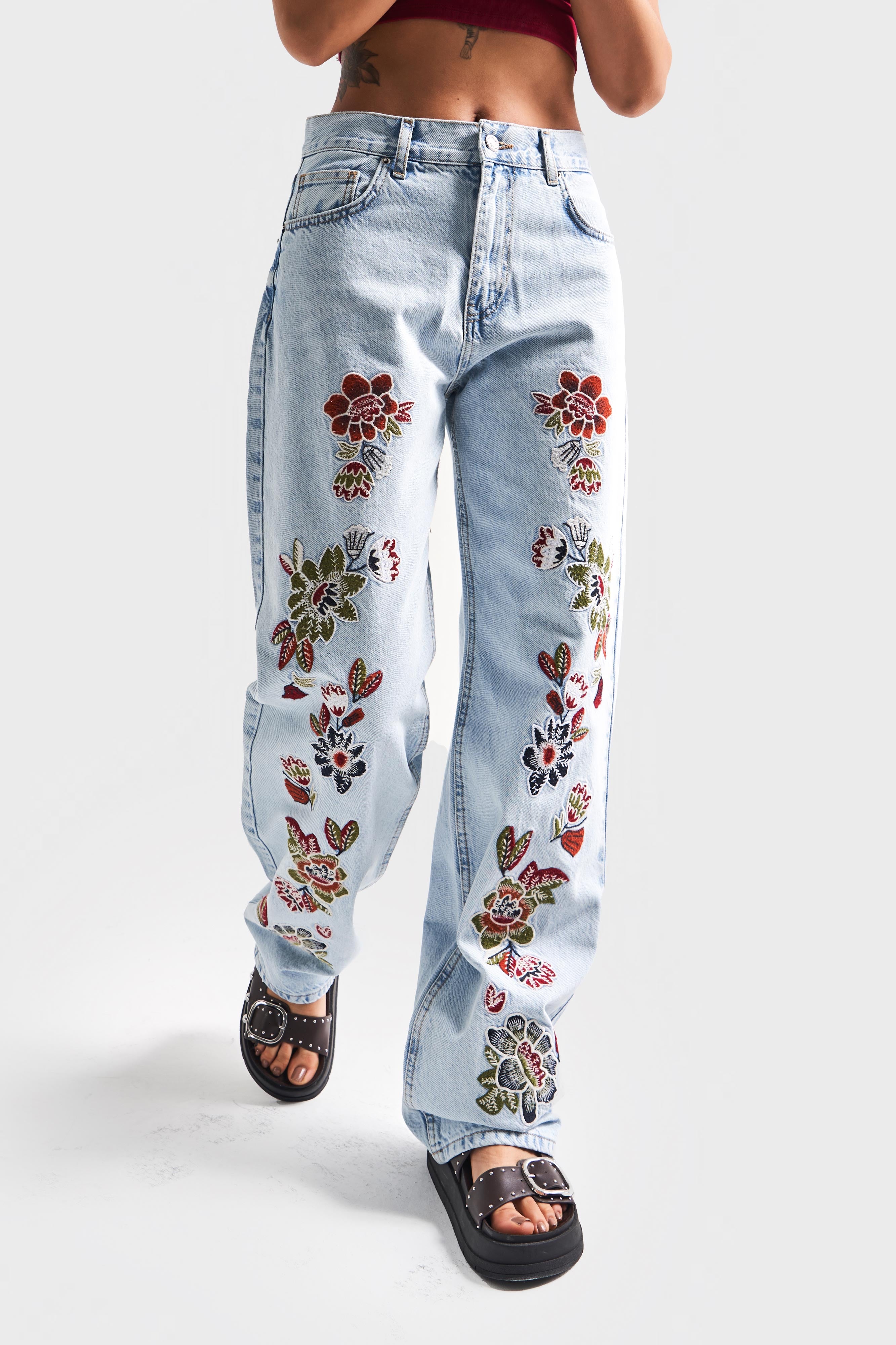Kadın Snow Kot Rengi 4S5-3 Çiçek Nakışlı Loose Fit %100 Koton Tasarım Denim Jean