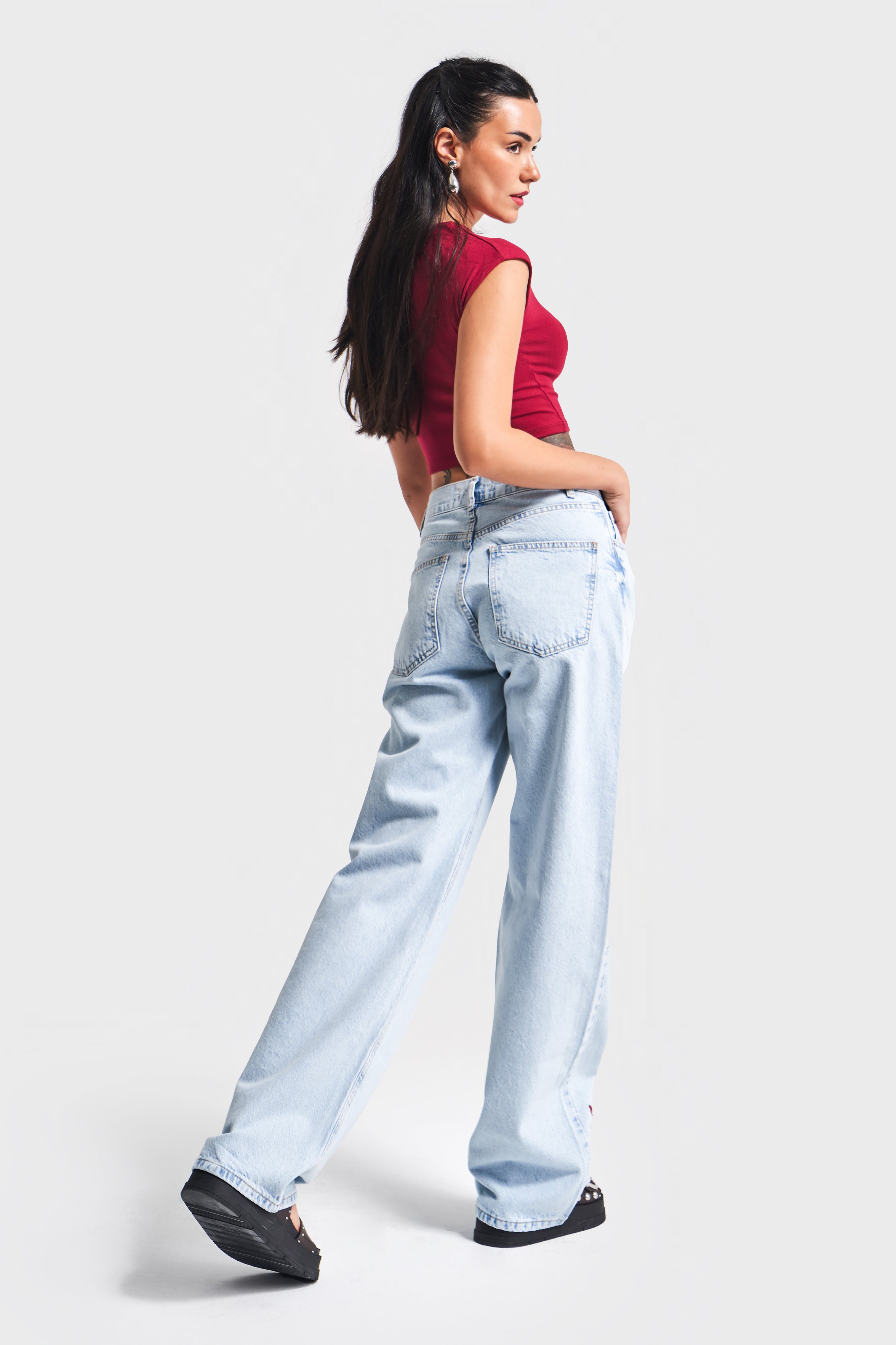 Kadın Snow Kot Rengi 4S5-3 Çiçek Nakışlı Loose Fit %100 Koton Tasarım Denim Jean