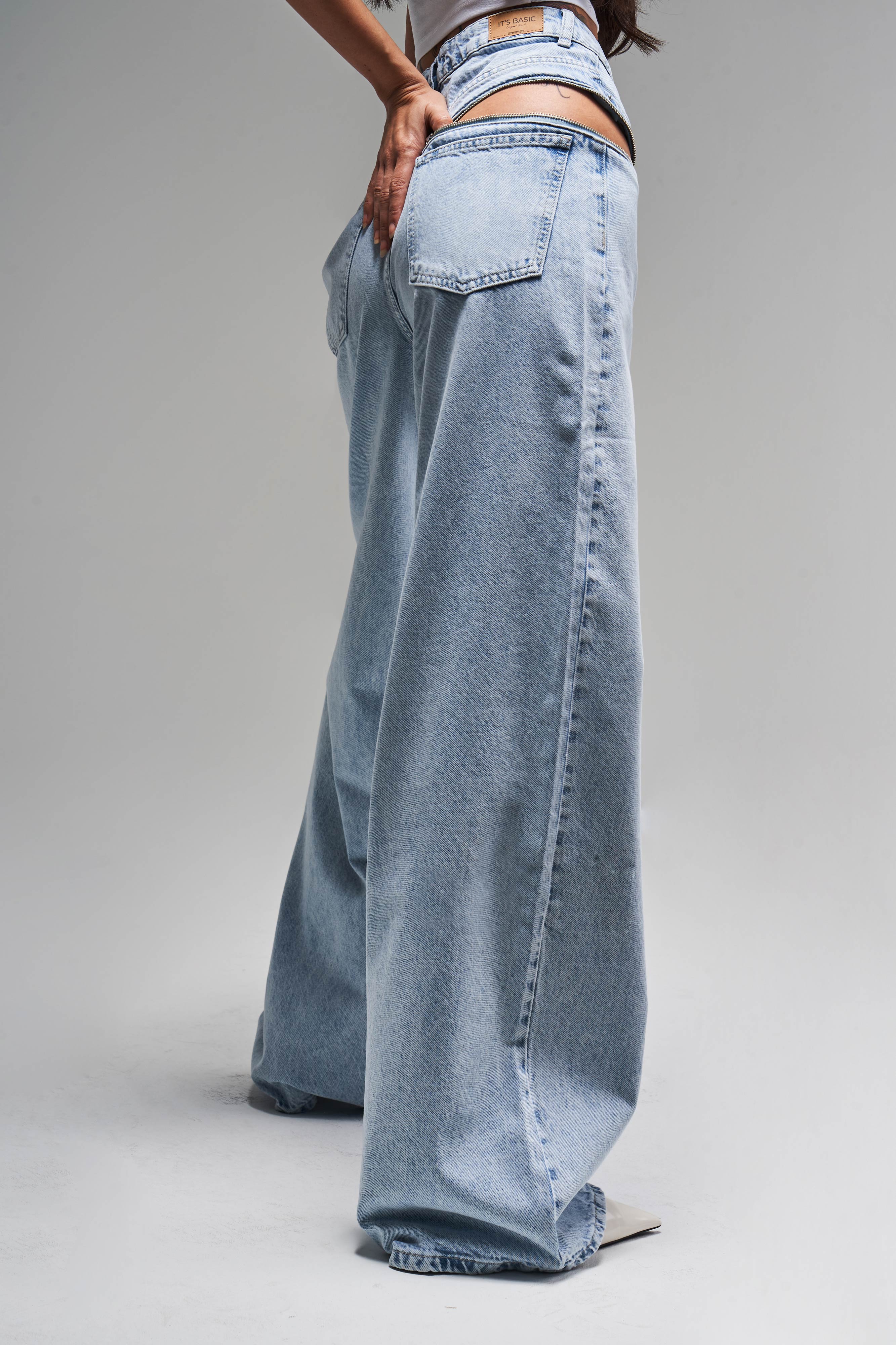 Kadın Snow Kot Rengi 4S5-3 Palazzo Fit Bol Kesim %100 Koton Fermuar Detaylı Tasarım Denim Jean
