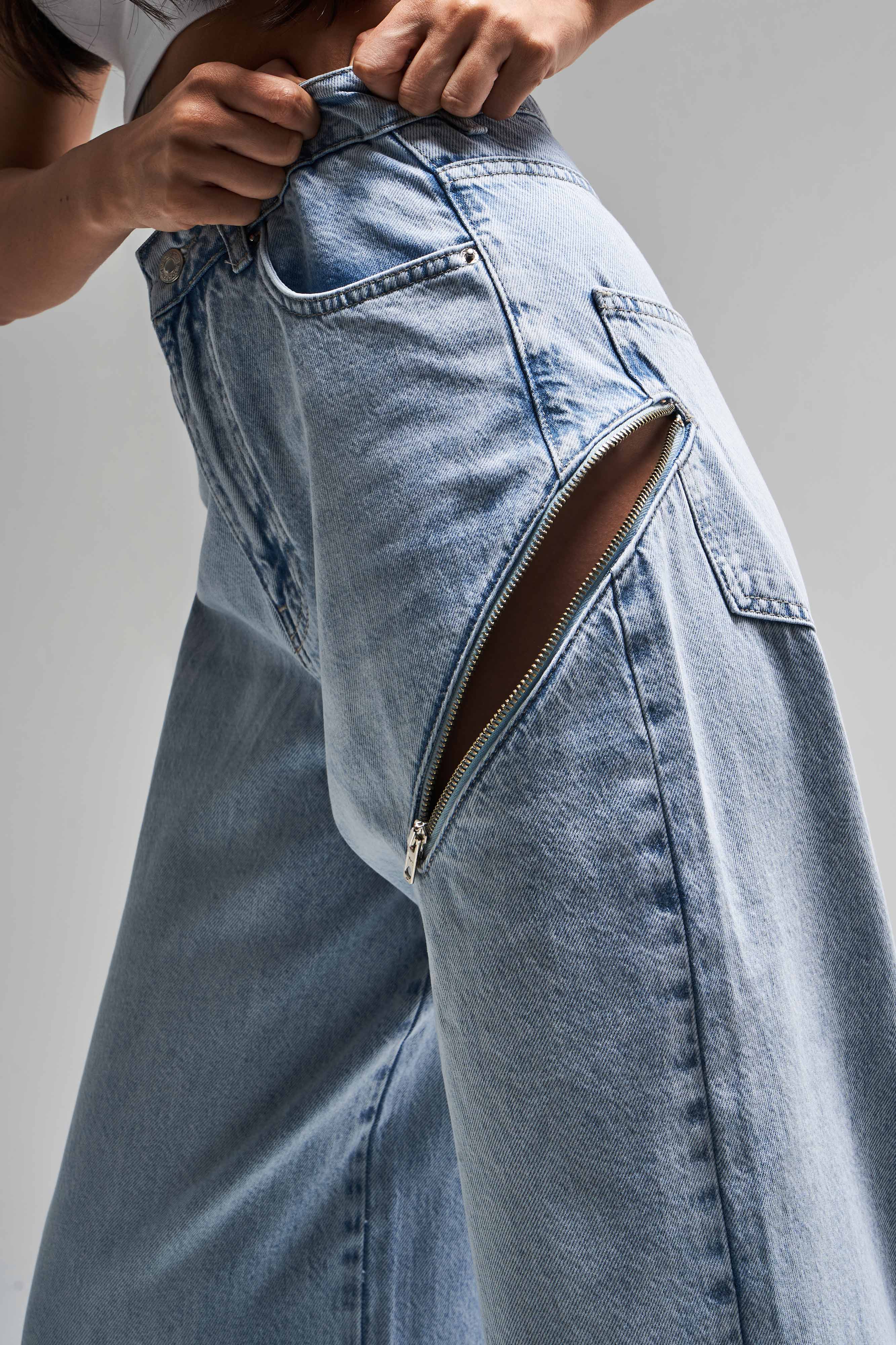 Kadın Snow Kot Rengi 4S5-3 Palazzo Fit Bol Kesim %100 Koton Fermuar Detaylı Tasarım Denim Jean