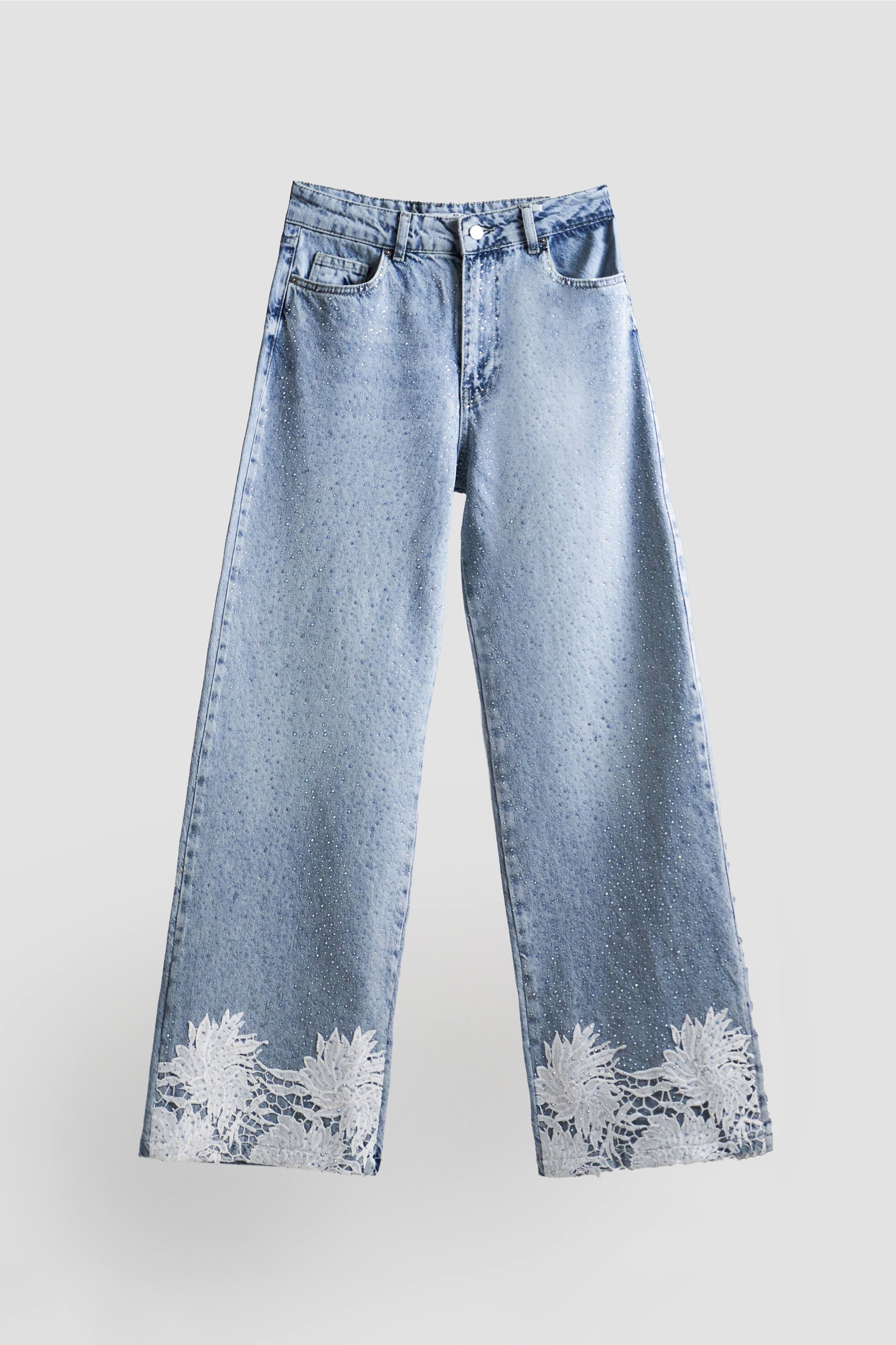 Women's Snow Jeans Color 4S5-3 Shiny Stone Lace Mid Waist 100% Cotton Design Denim Jean