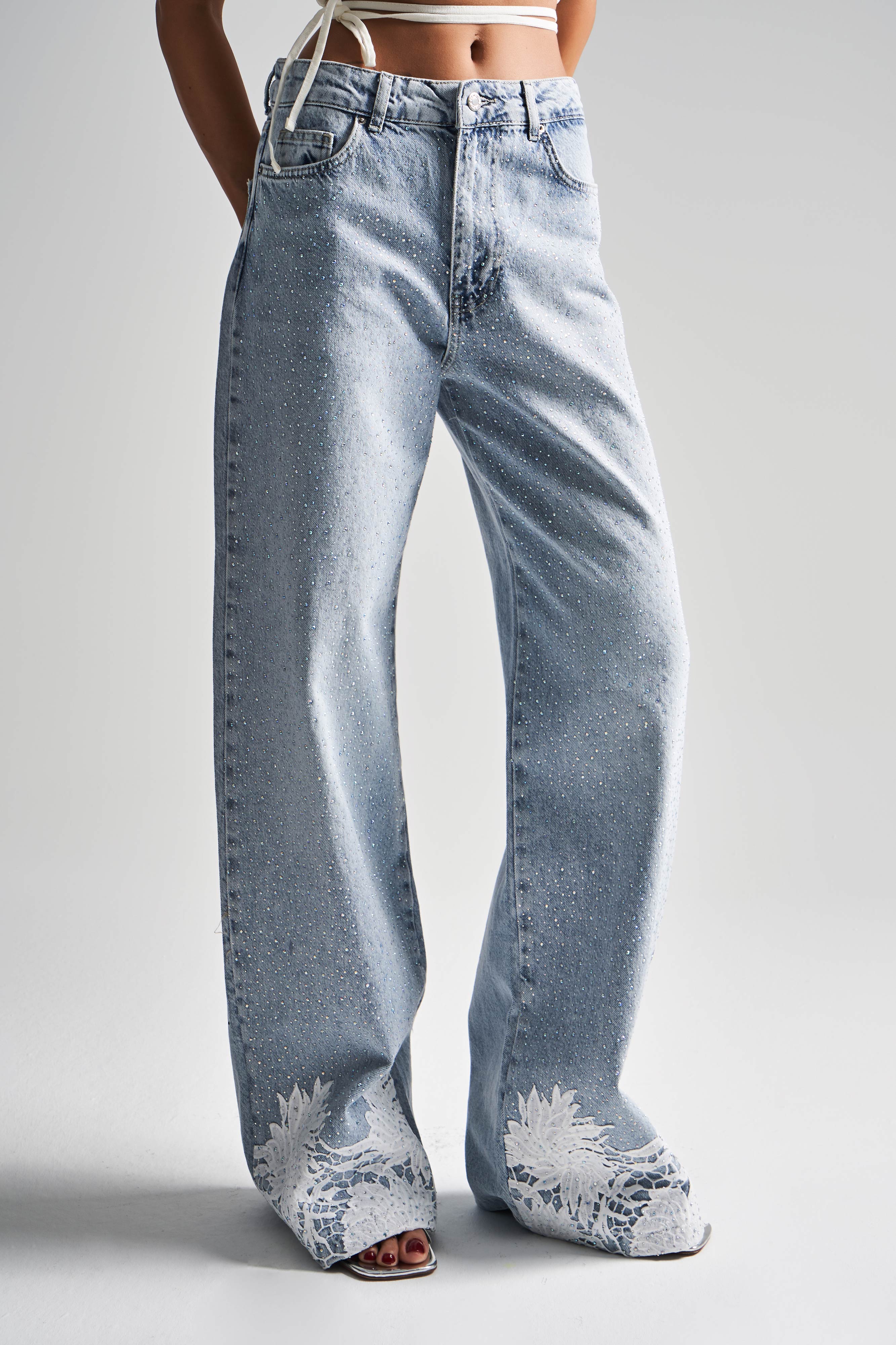 Women's Snow Jeans Color 4S5-3 Shiny Stone Lace Mid Waist 100% Cotton Design Denim Jean