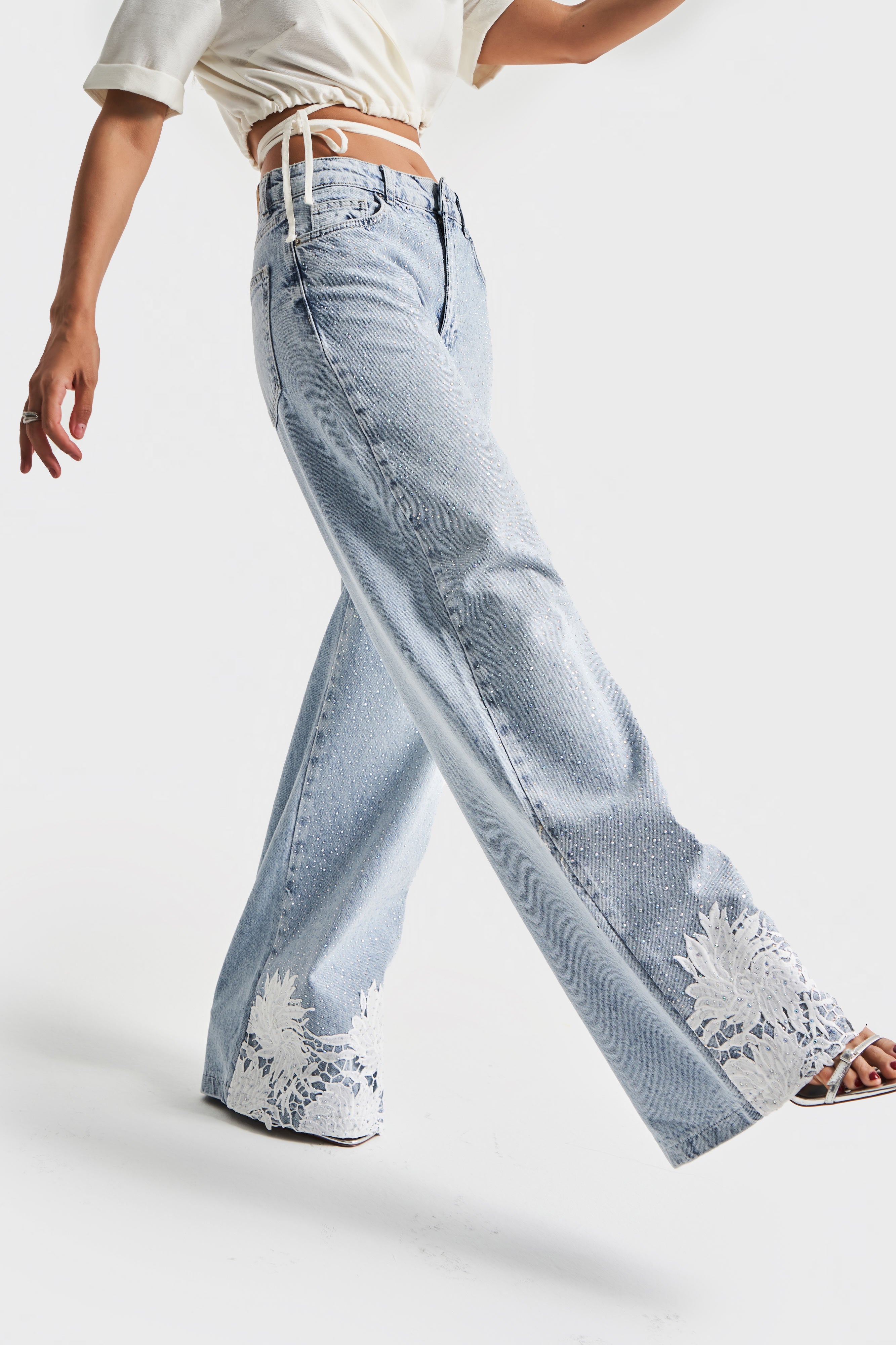 Women's Snow Jeans Color 4S5-3 Shiny Stone Lace Mid Waist 100% Cotton Design Denim Jean