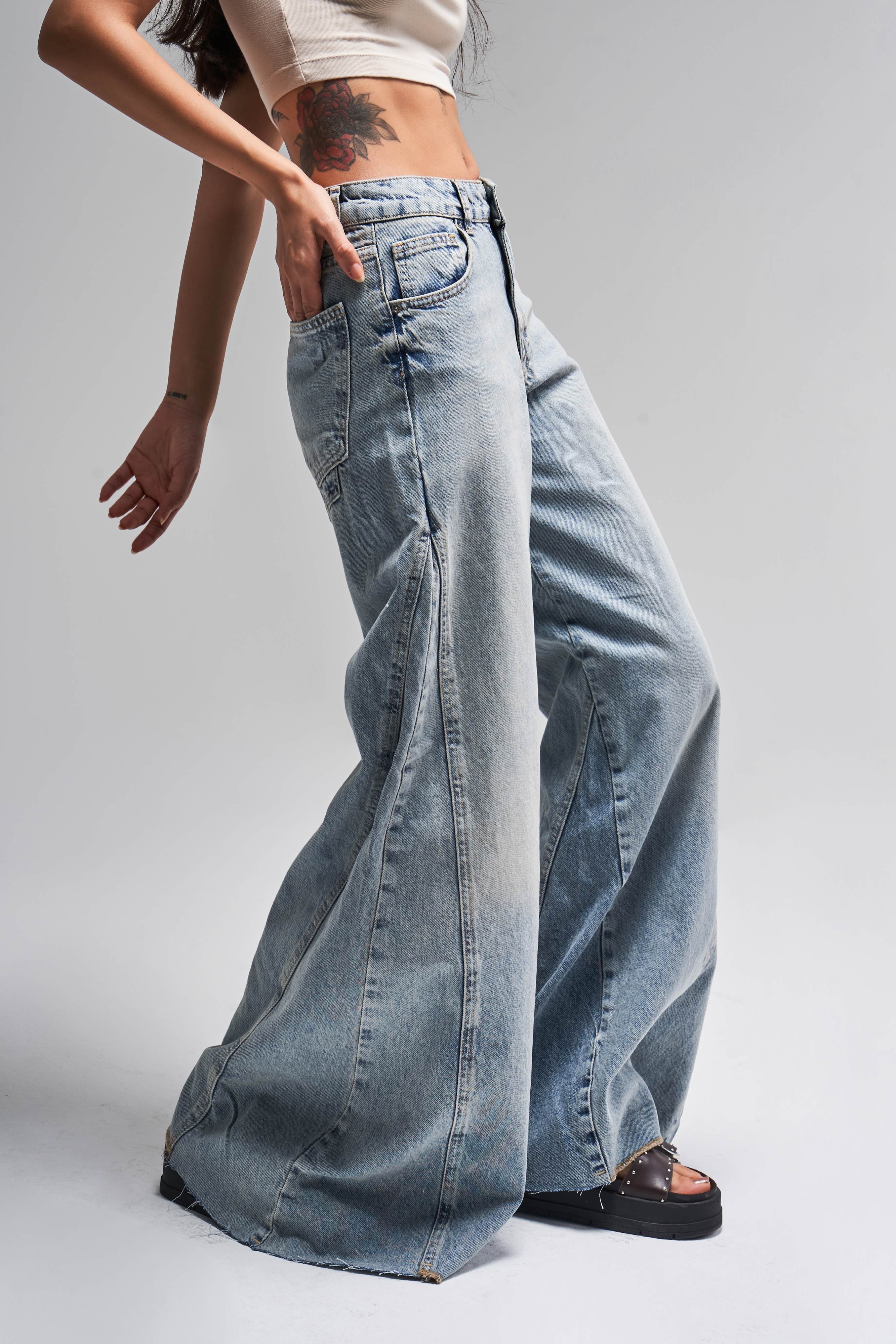 Kadın Snow Kot Rengi 4S5-32 Süper Palazzo Fit %100 Koton Denim Jean