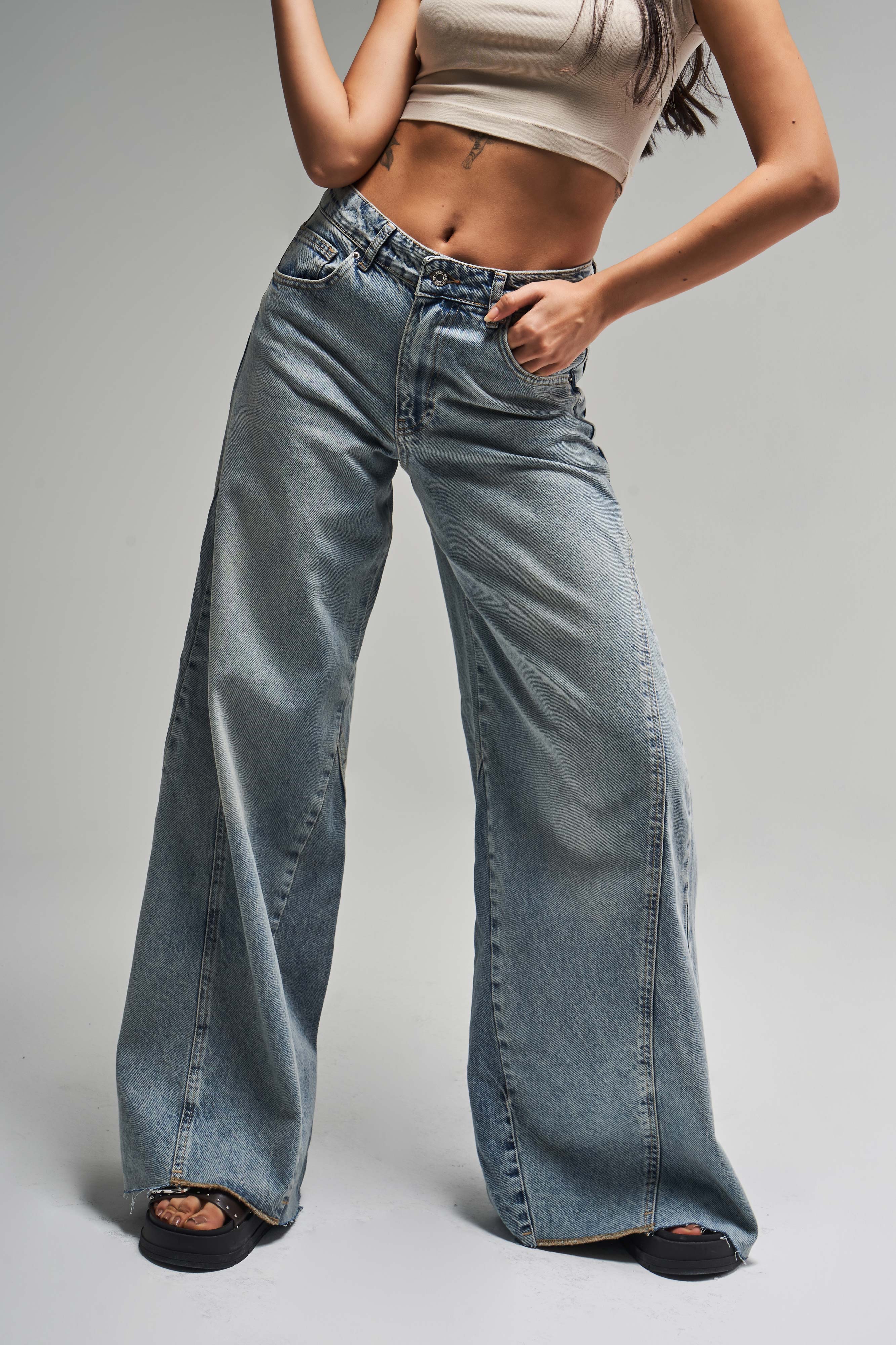 Kadın Snow Kot Rengi 4S5-32 Süper Palazzo Fit %100 Koton Denim Jean