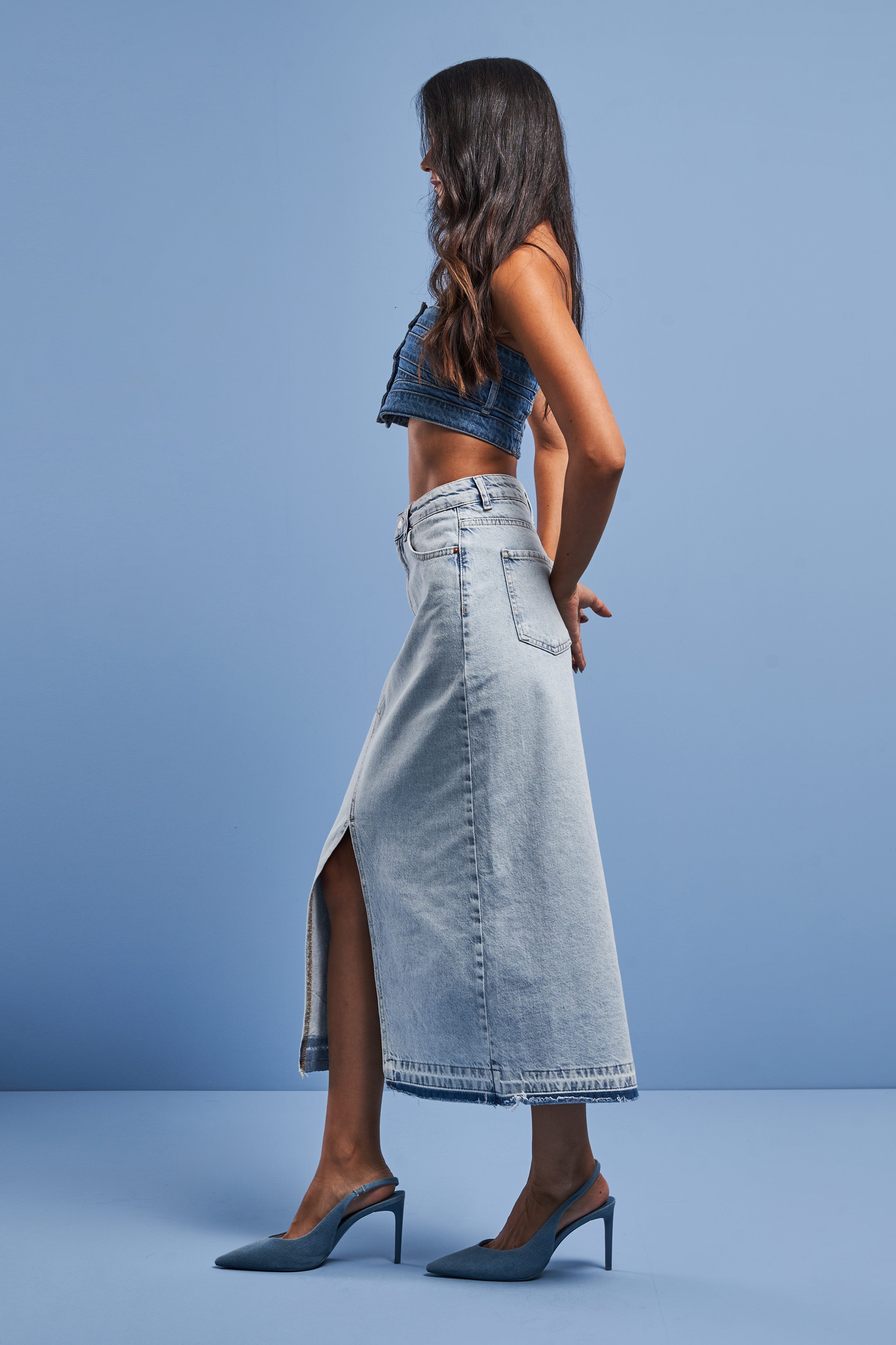 Women's Snow Jeans Color Deep Slit High Waist Long Denim Skirt