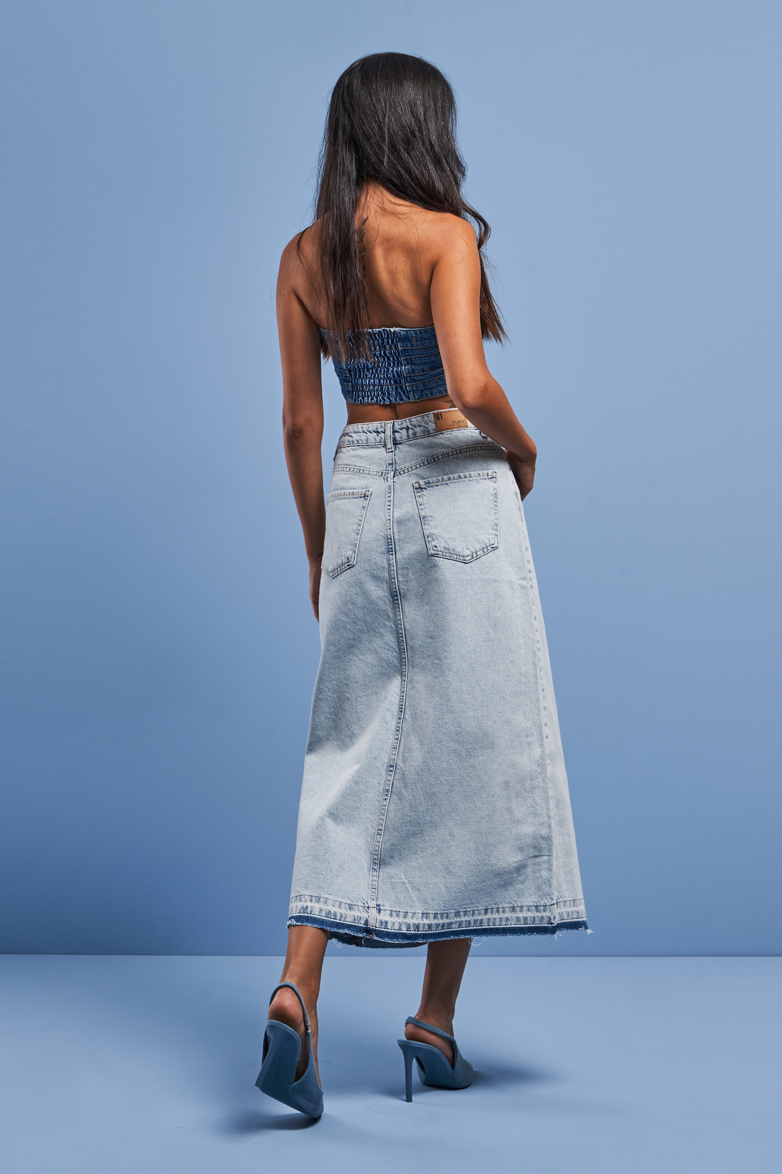 Women's Snow Jeans Color Deep Slit High Waist Long Denim Skirt