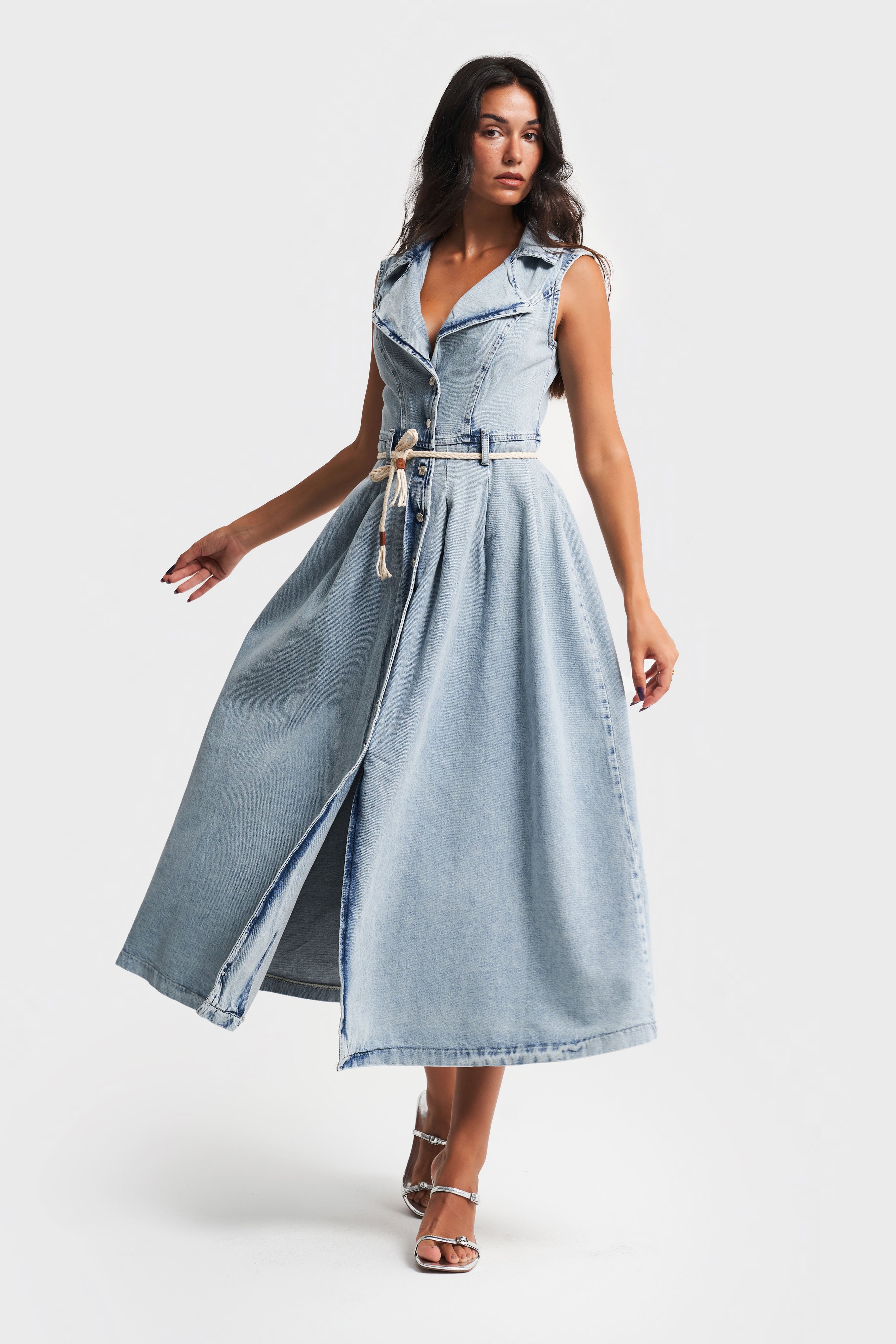 Kadın Snow Kot Rengi Kemer Detaylı Maxi A Tipi Denim Elbise
