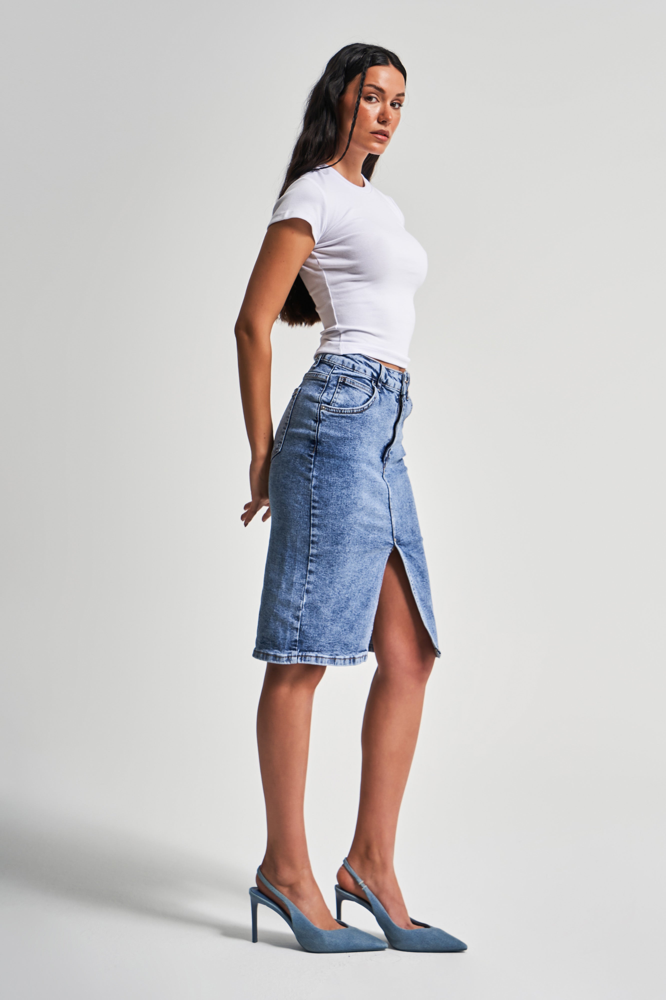 Women Snow Denim Color Midi Length High Waist Slit Jean Skirt