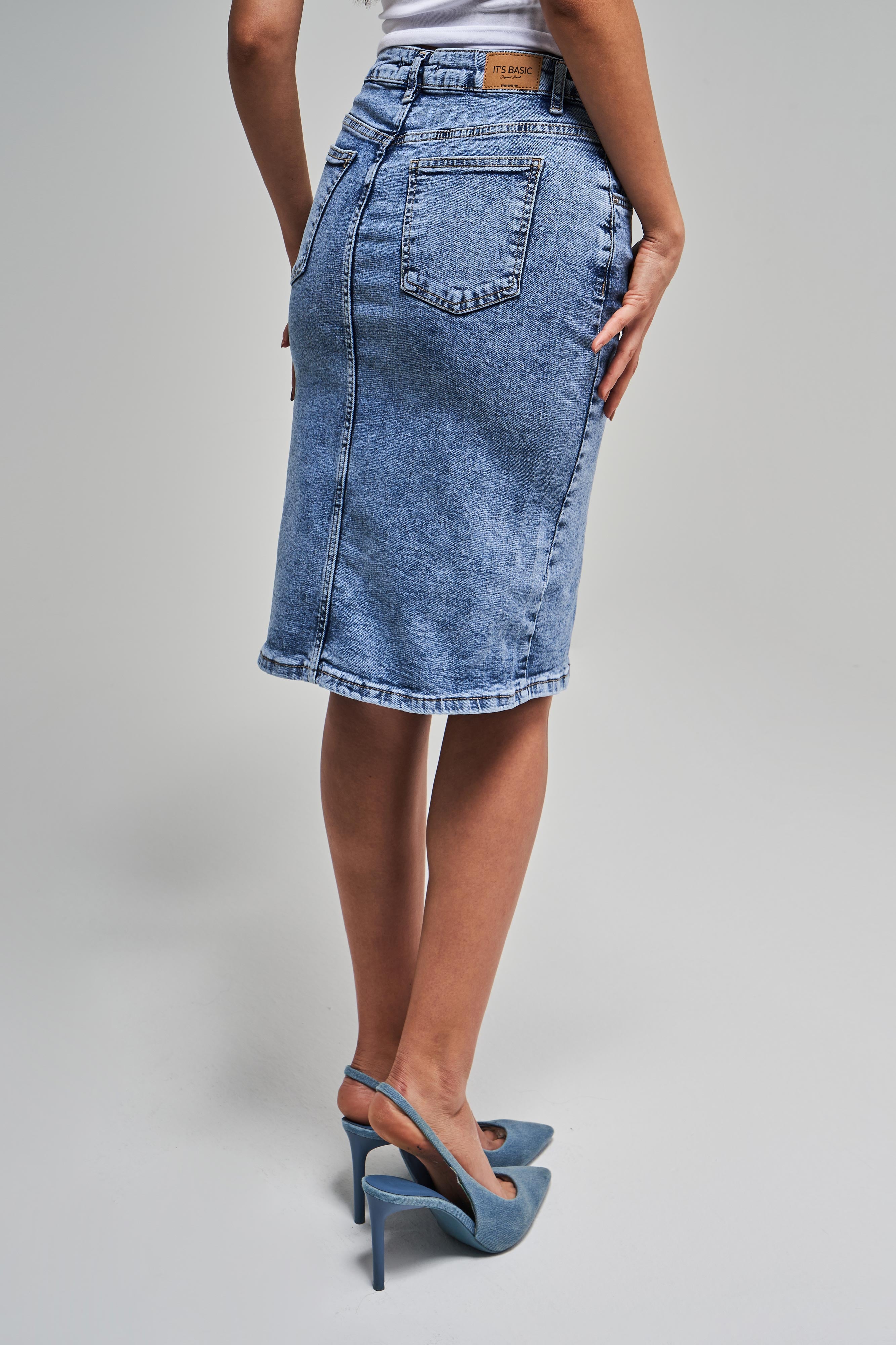 Women Snow Denim Color Midi Length High Waist Slit Jean Skirt