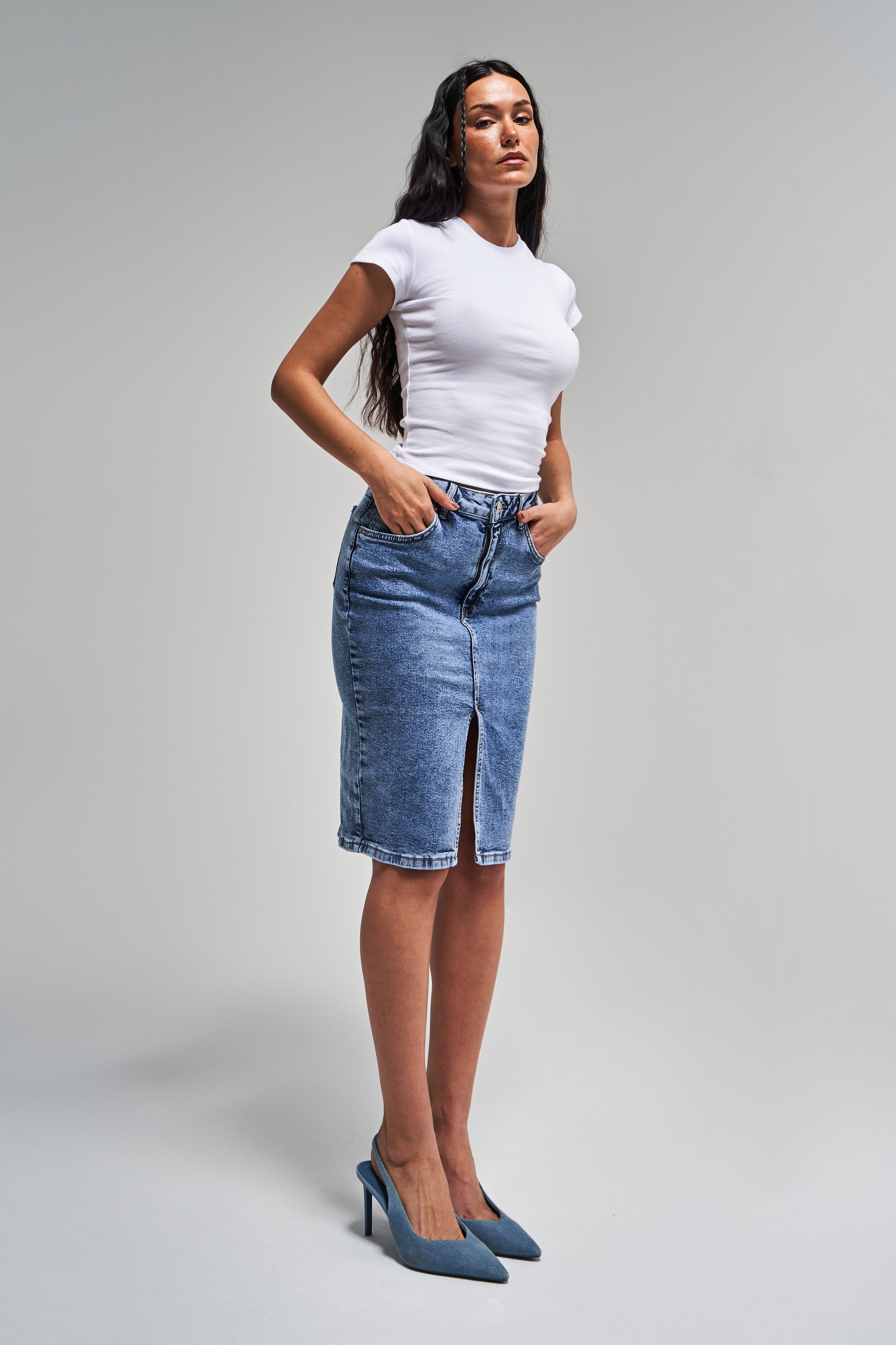 Women Snow Denim Color Midi Length High Waist Slit Jean Skirt