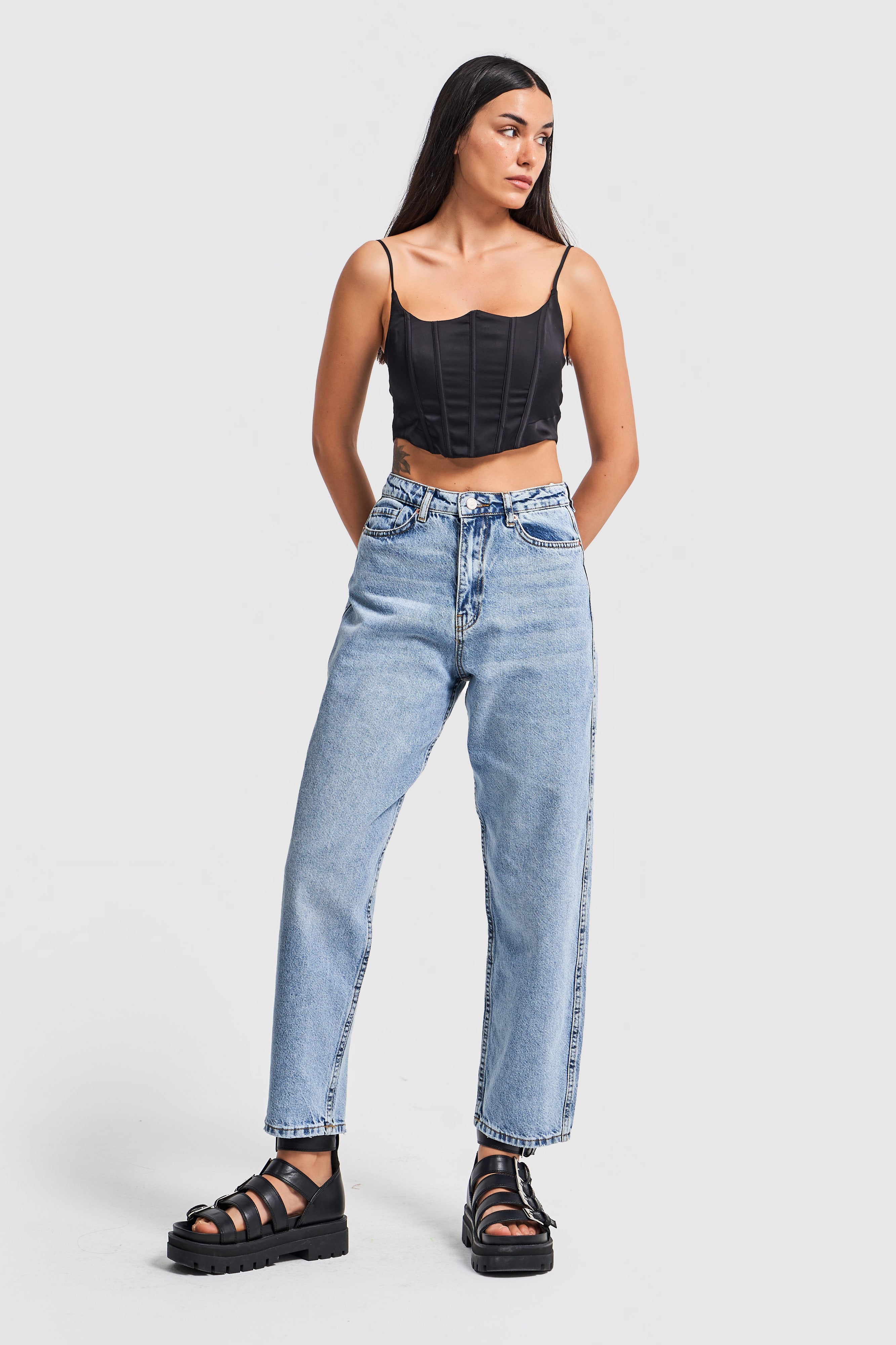 Women's Snow Jeans Color Relax Fit Mom Cut Denim Trousers