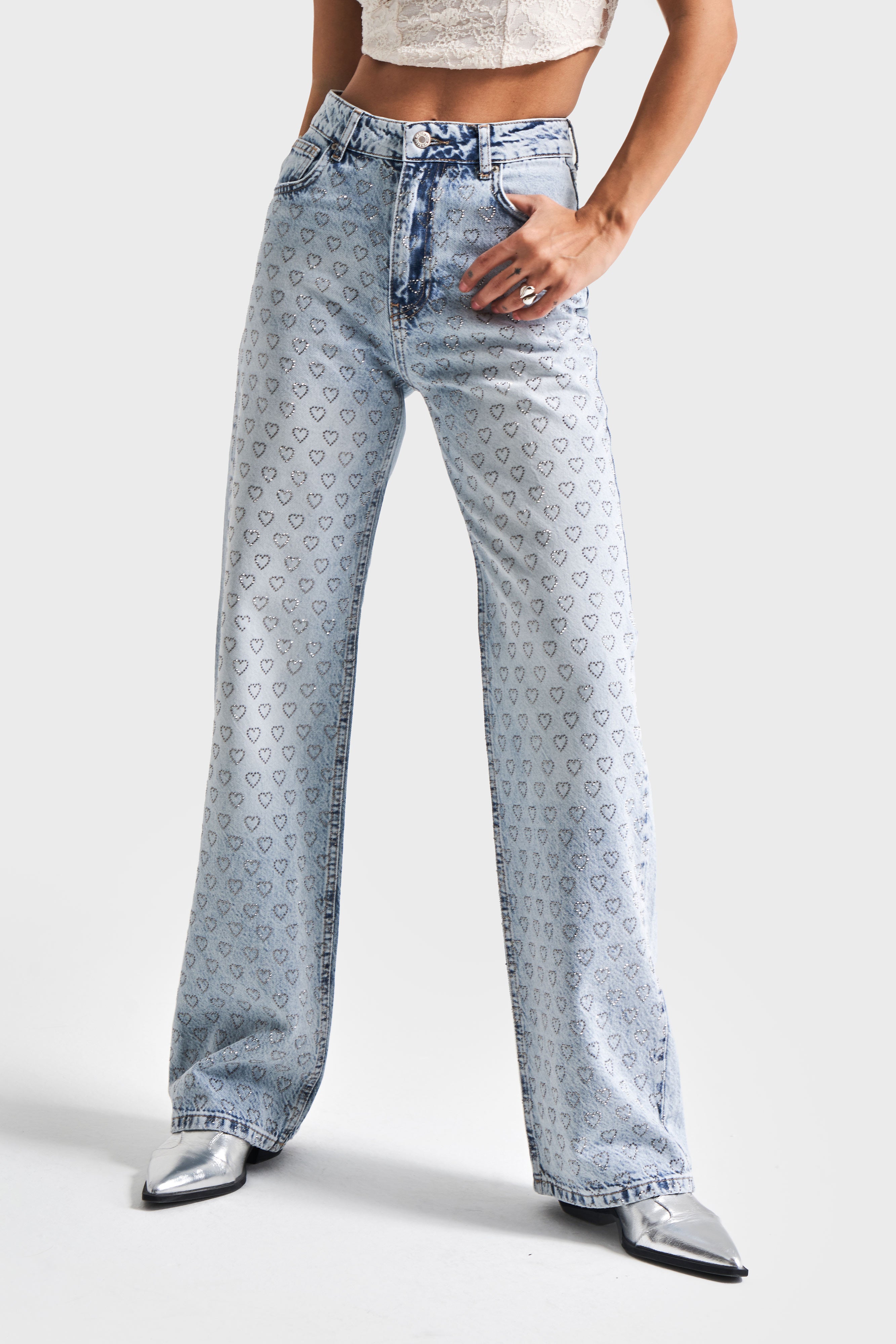 Kadın Snow Kot Rengi T5-4S5-27 Straight Fit Kalpli Parlak Taşlı Tasarım Denim Jean