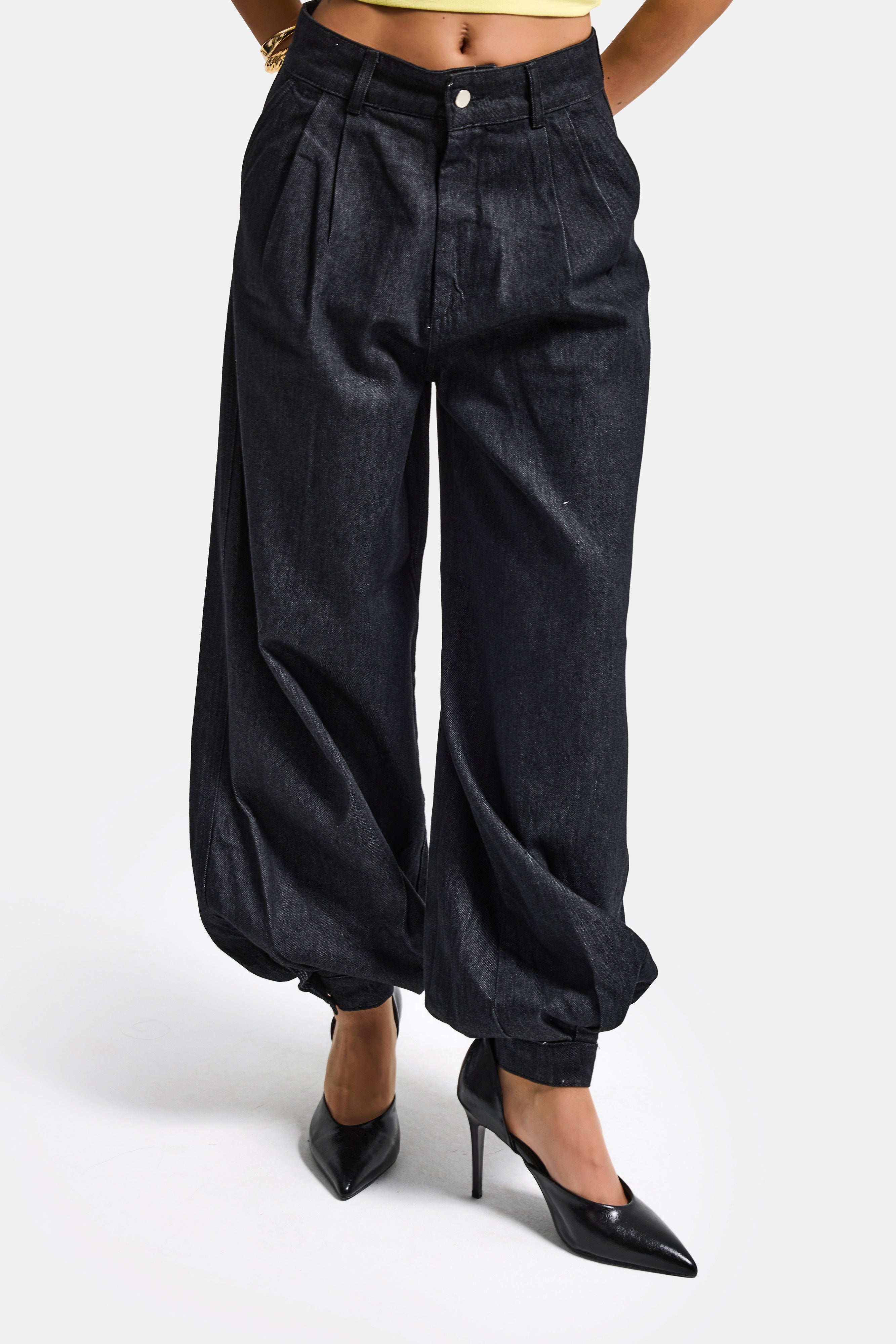 Kadın Su Yıkama Siyah 7s6-51 Jogger Fit Paça Detaylı Özel Tasarım Denim Jean