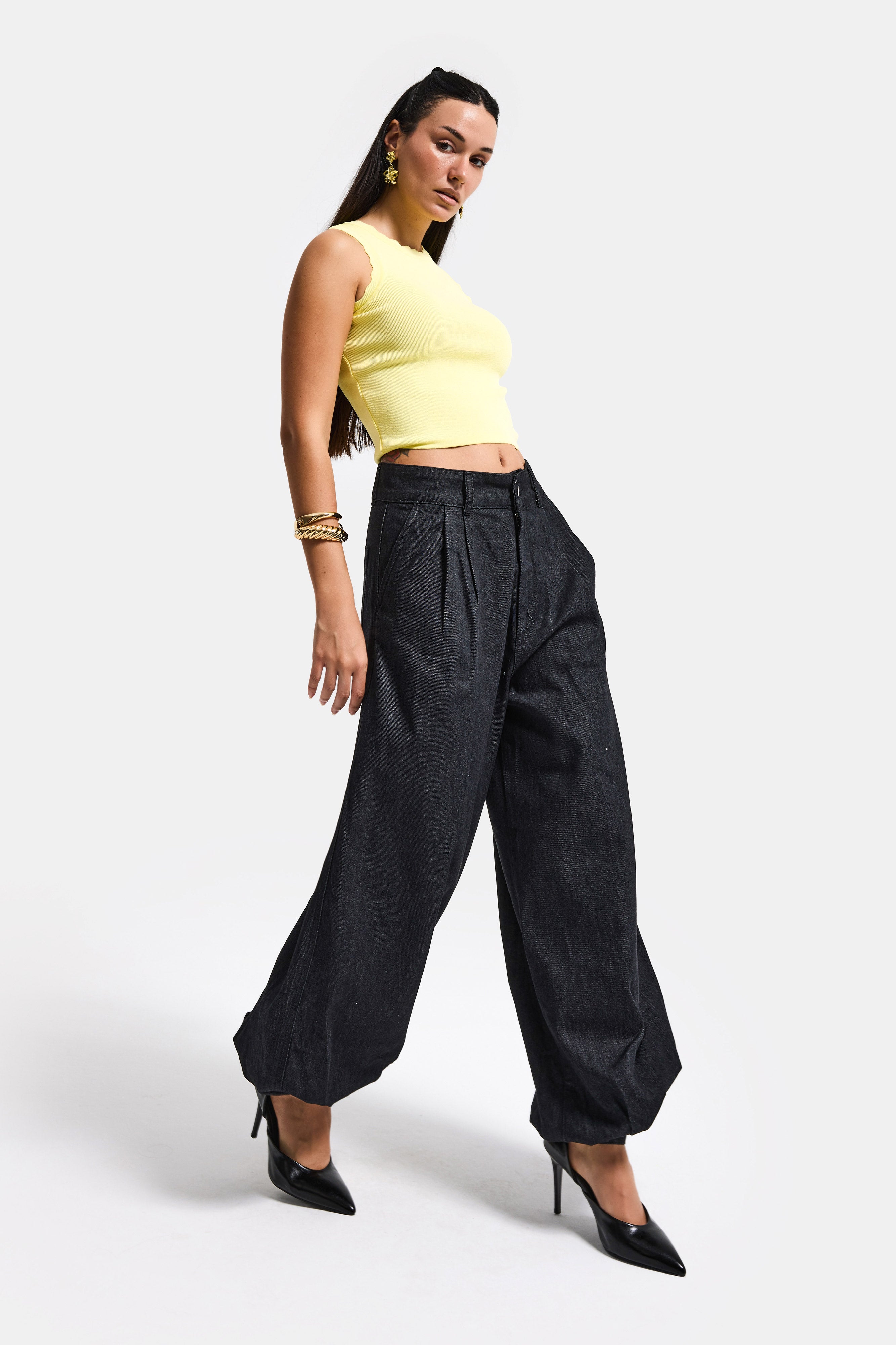 Kadın Su Yıkama Siyah 7s6-51 Jogger Fit Paça Detaylı Özel Tasarım Denim Jean