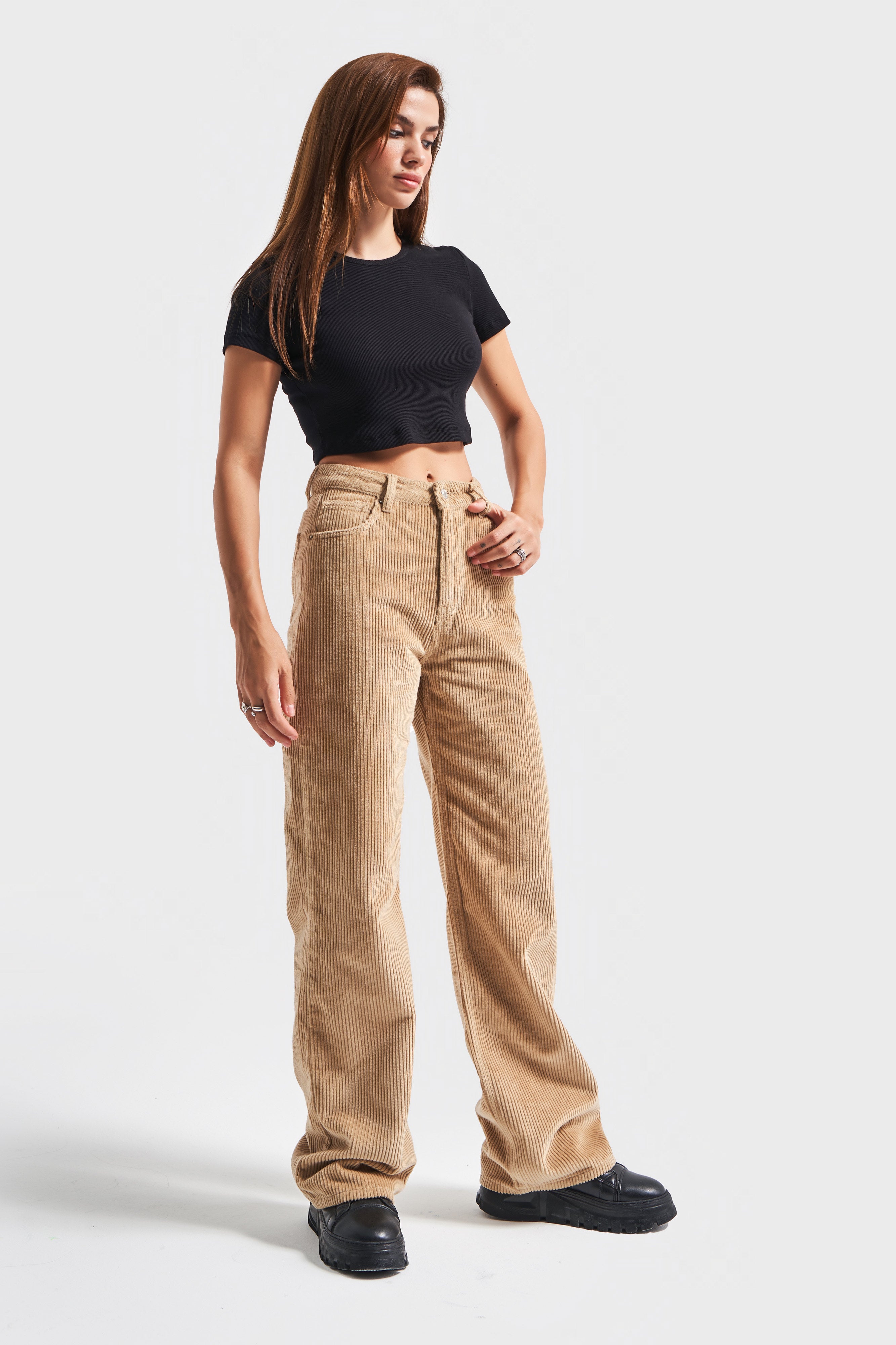 Women's Milky Coffee Color 26w459 Thick Corduroy Fabric Trousers
