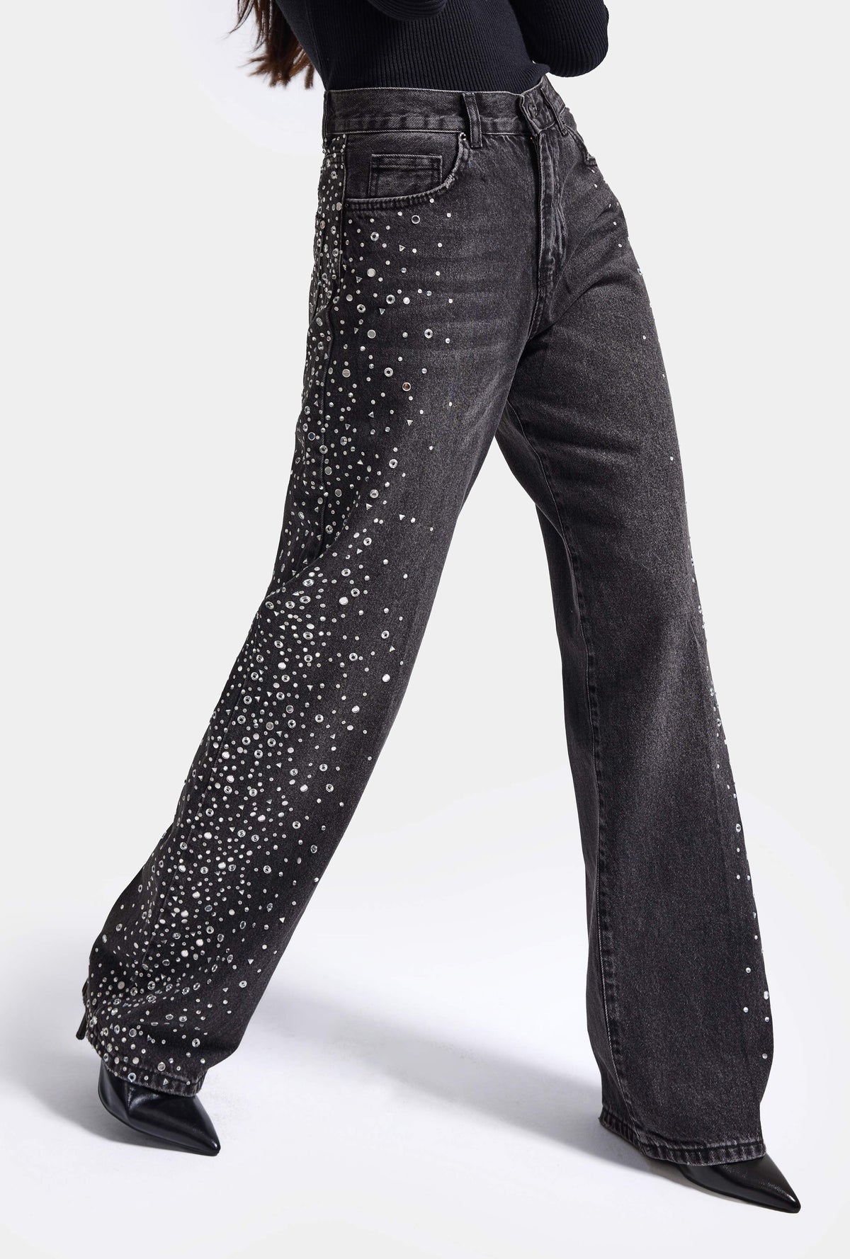 Kadın T-2w6-1 Loose Fit Parlak Taş Özel Tasarım Denim Jean