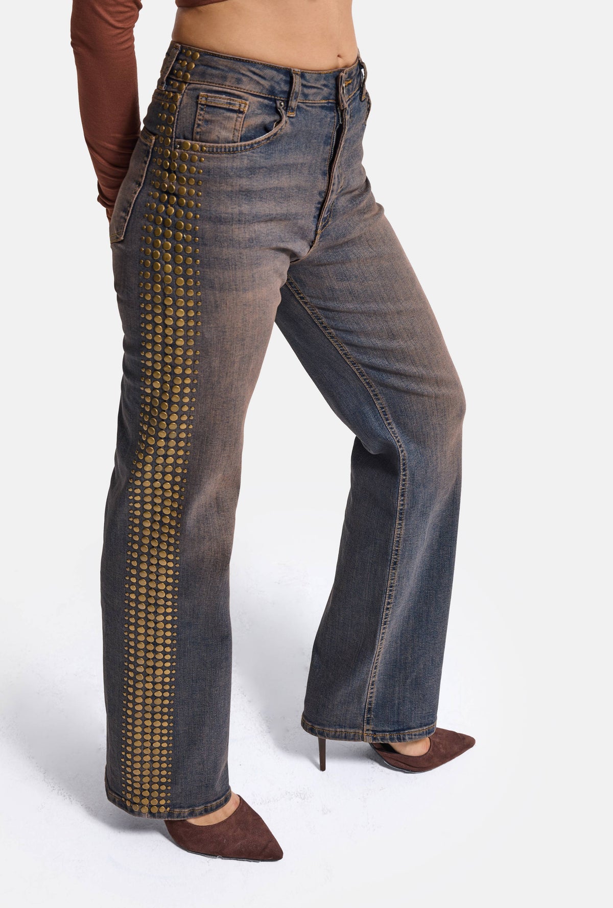 Kadın T-2w6-10 Straight Fit Esnek Kumaş Yapıştırma Taş Detaylı Tasarım Denim Jean